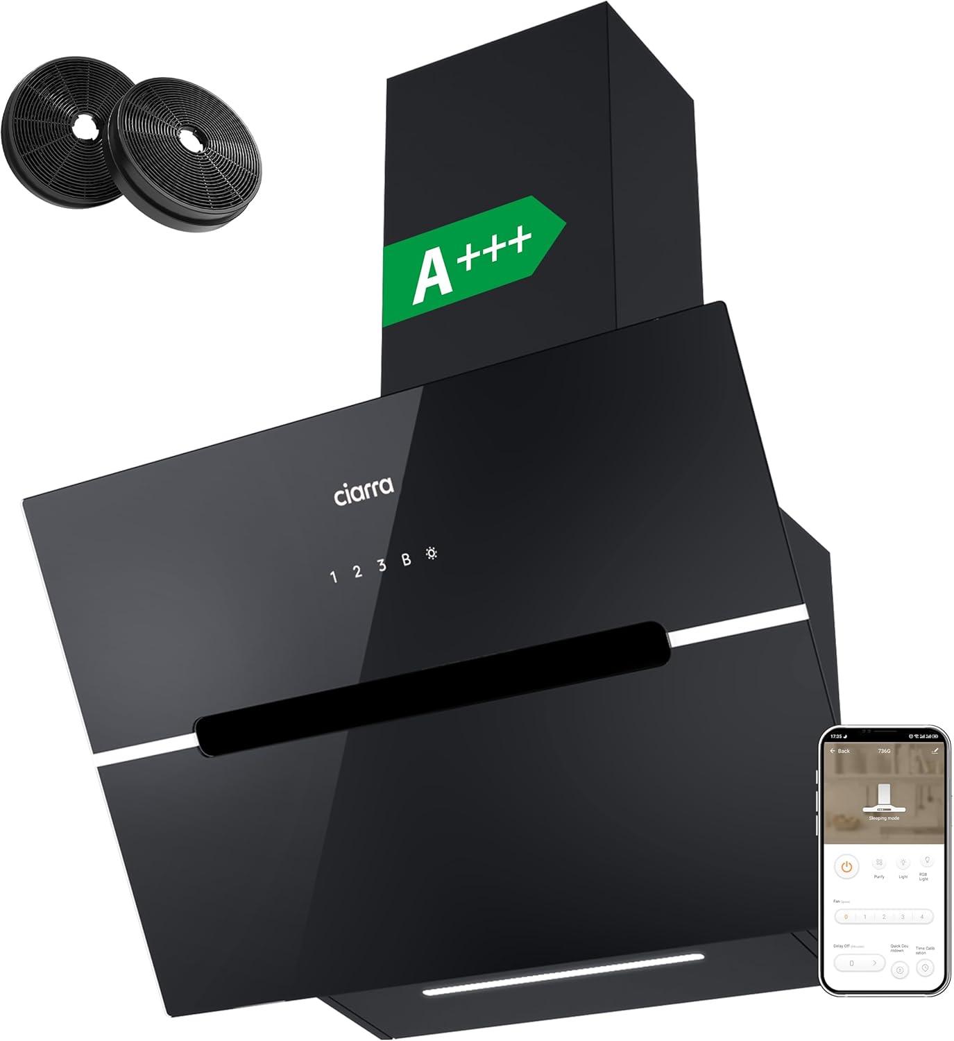CIARRA CBCB6736F Campana Extractora 60cm CLase A+++ Wi-Fi App Touch-Booster Evacuación al Exterior y Recirculación Interna por Filtro de Carbón CBCF003