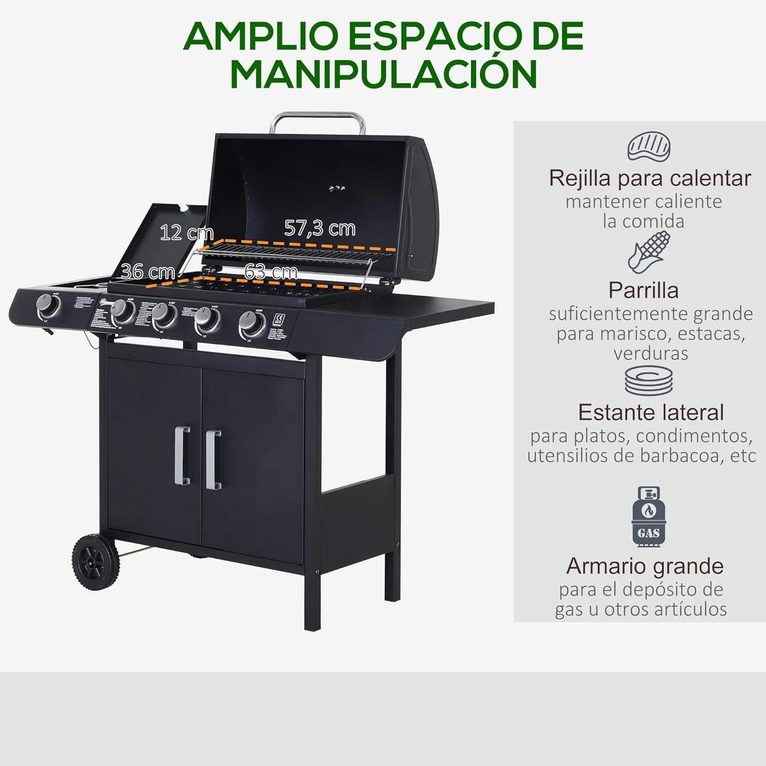 Outsunny Gas Barbecue with 4+1 Burners 14.4 KW Side Tables Storage Cabinet Thermometer and 2 Wheels Stainless Steel BBQ 125 x 51 x 100 cm Black
