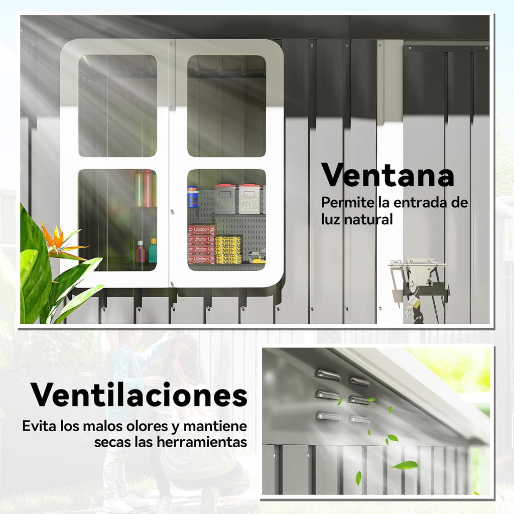 Outsunny Caseta de Jardín Exterior, 2,55 m² 221x133x190 cm, Cobertizo de Jardín Exterior Metálico con Ventana, Puerta con Cerradura y Ventilaciones, para Almacenamiento de Herramientas, Gris Oscuro