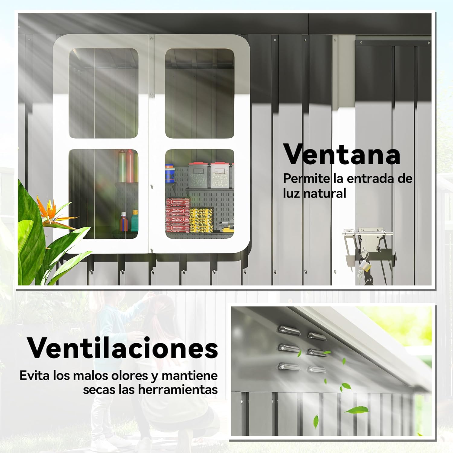 Outsunny Caseta de Jardín Exterior, 2,55 m² 221x133x190 cm, Cobertizo de Jardín Exterior Metálico con Ventana, Puerta con Cerradura y Ventilaciones, para Almacenamiento de Herramientas, Gris Oscuro