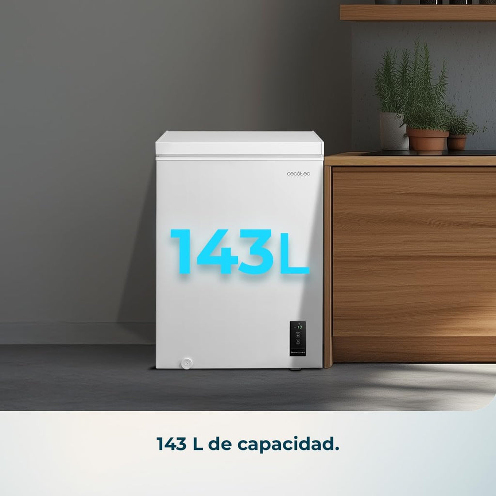 Cecotec Congelador Horizontal 143L Bolero CoolMarket Chest 143P White E. Cesta con Asas, Control Electrónico LED, UltraContact D-Cool, Dual Function, Puerta ZeroG (80º-30º), Fast Freezing, Compacto