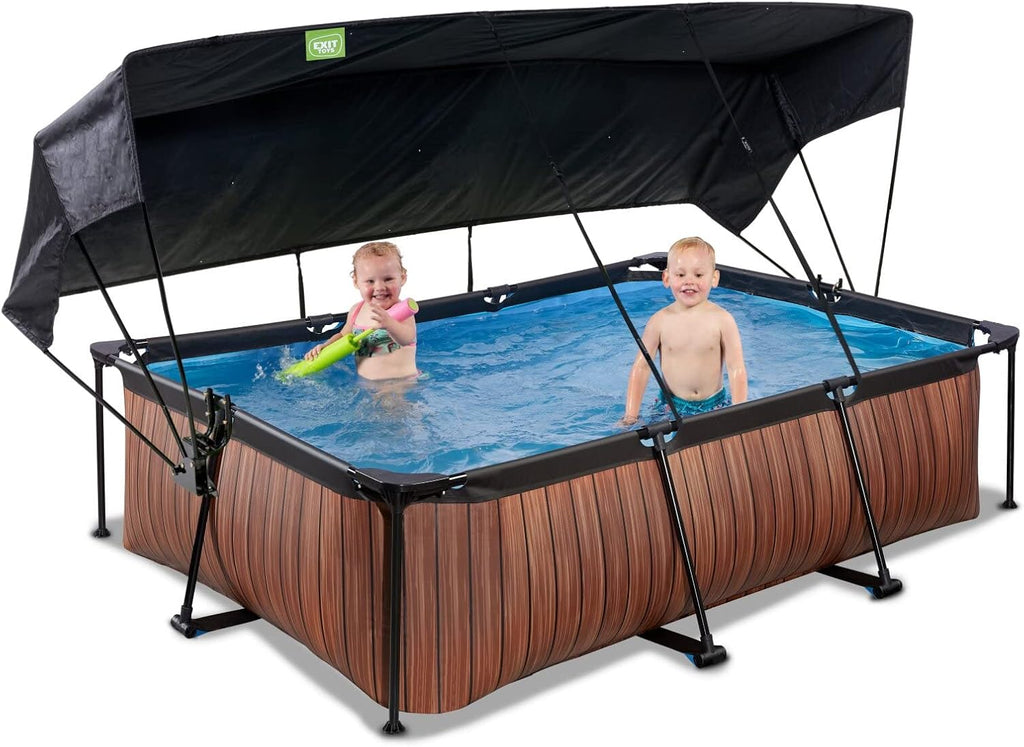 EXIT Toys Wood Pool con Toldo Solar - 220x150x65cm - Piscina de Marco Rectangular Compacta con Bomba de Filtro de Cartucho - Protección UV Óptima - Fácil Acceso - Diseño Único - Marrón
