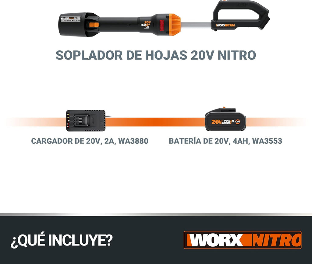 WORX WG543E Soplador de Hojas 20V-4Ah Nitro, superligero 1,7Kg, Motor brushless, 209Km/h, turbina Alto Volumen y Velocidad, para Limpieza de Jardines, Caminos y parcelas, Incluye batería y Cargador