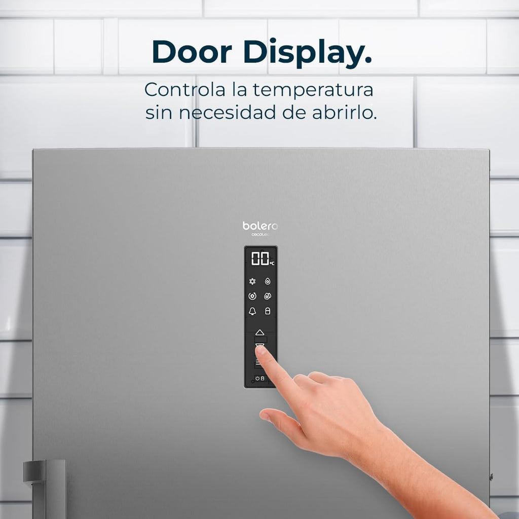 Cecotec Congelador Vertical de 380L Bolero CoolMarket UF 380 inox D. 1950W, Motor Inverter Plus, Bajo Consumo, Total No Frost, Display door, Convertible a frigorífico, Multi Airflow