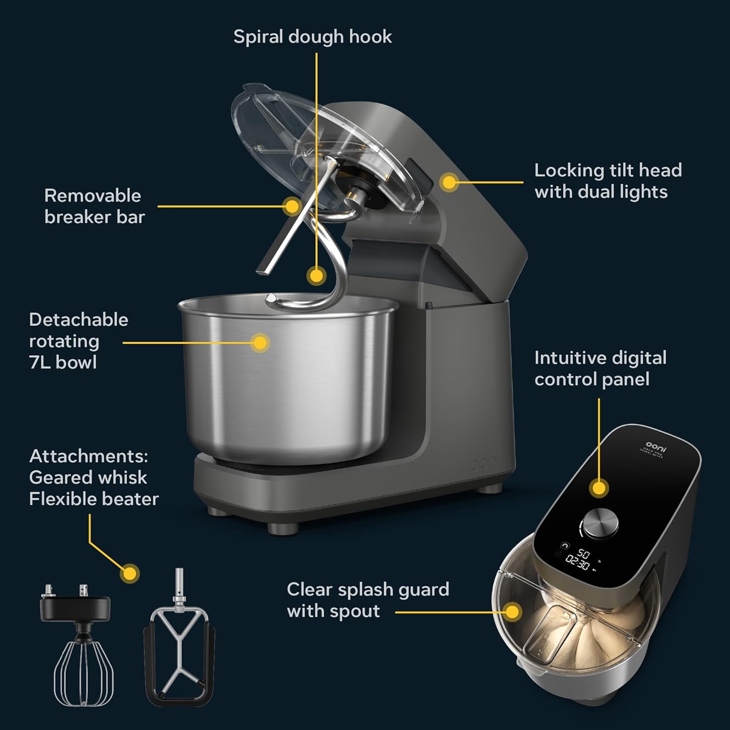 Ooni Halo Pro Mezcladora Profesional de Masa en Espiral 7,3L con Accesorios, 58 Velocidades – Ideal para Pan y Pizza – Gris Antracita