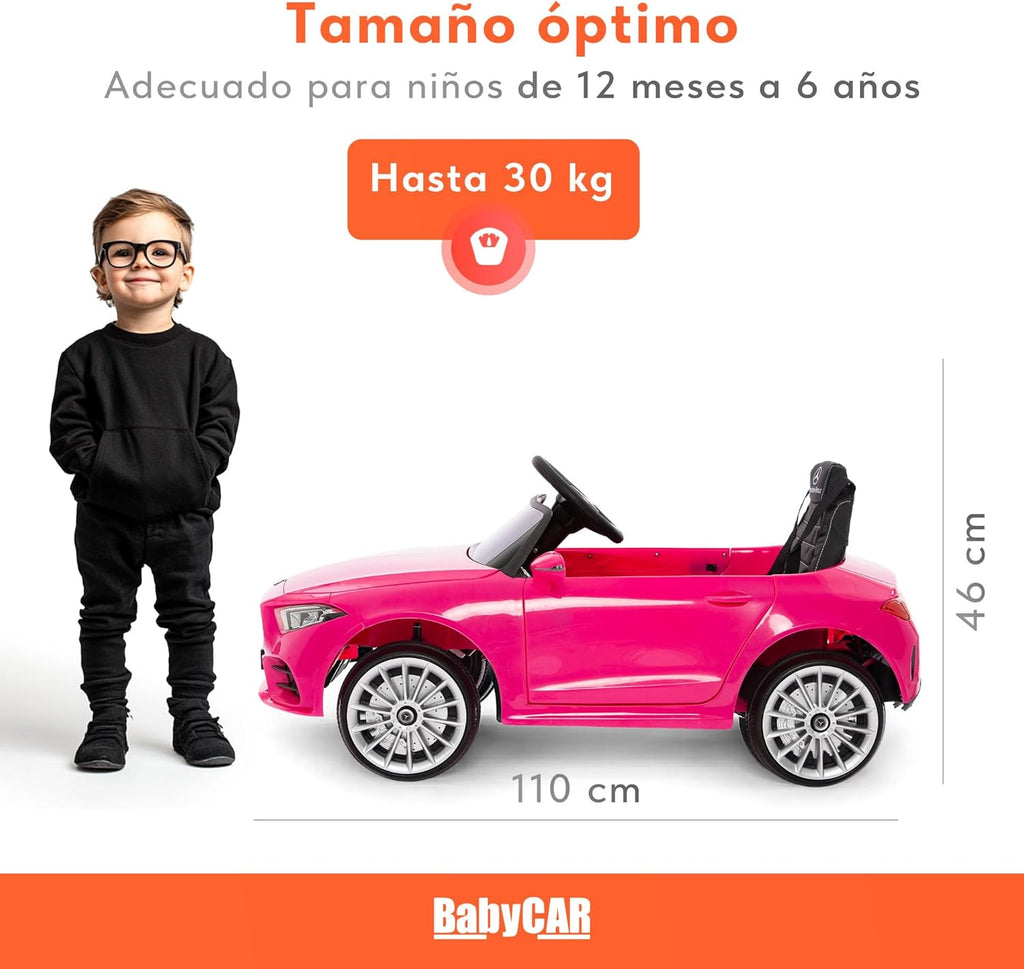 BabyCar Mercedes CLS 350 AMG | Coche Electrico para Niños 12V con 2 Motores 25W | Carro Electrico Infantil con Mando Parental, Asiento de Piel, Puertas Abatibles, MP3/USB | Mercedes Oficial | Rosa