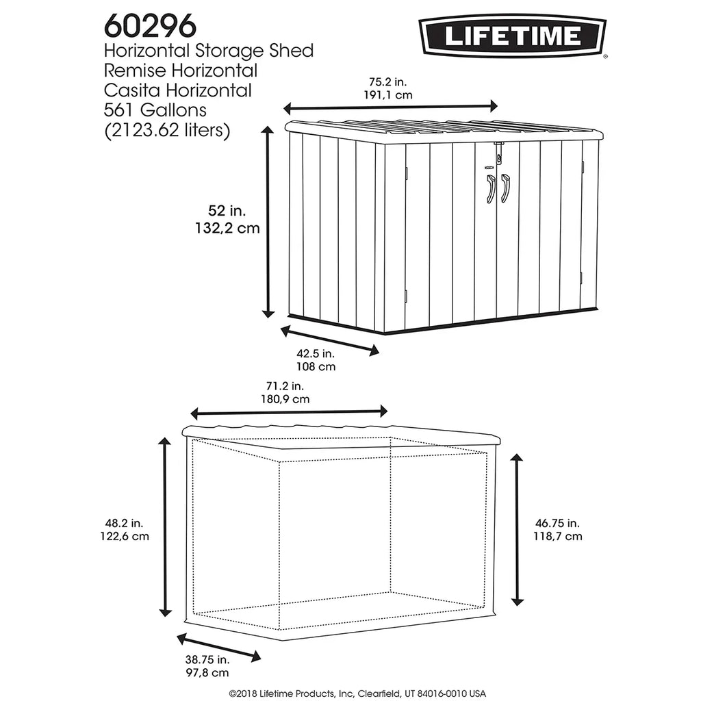 2026 Lifetime Caseta de almacenamiento horizontal 1,9 x 1,1 m – Capacidad 2.407 L