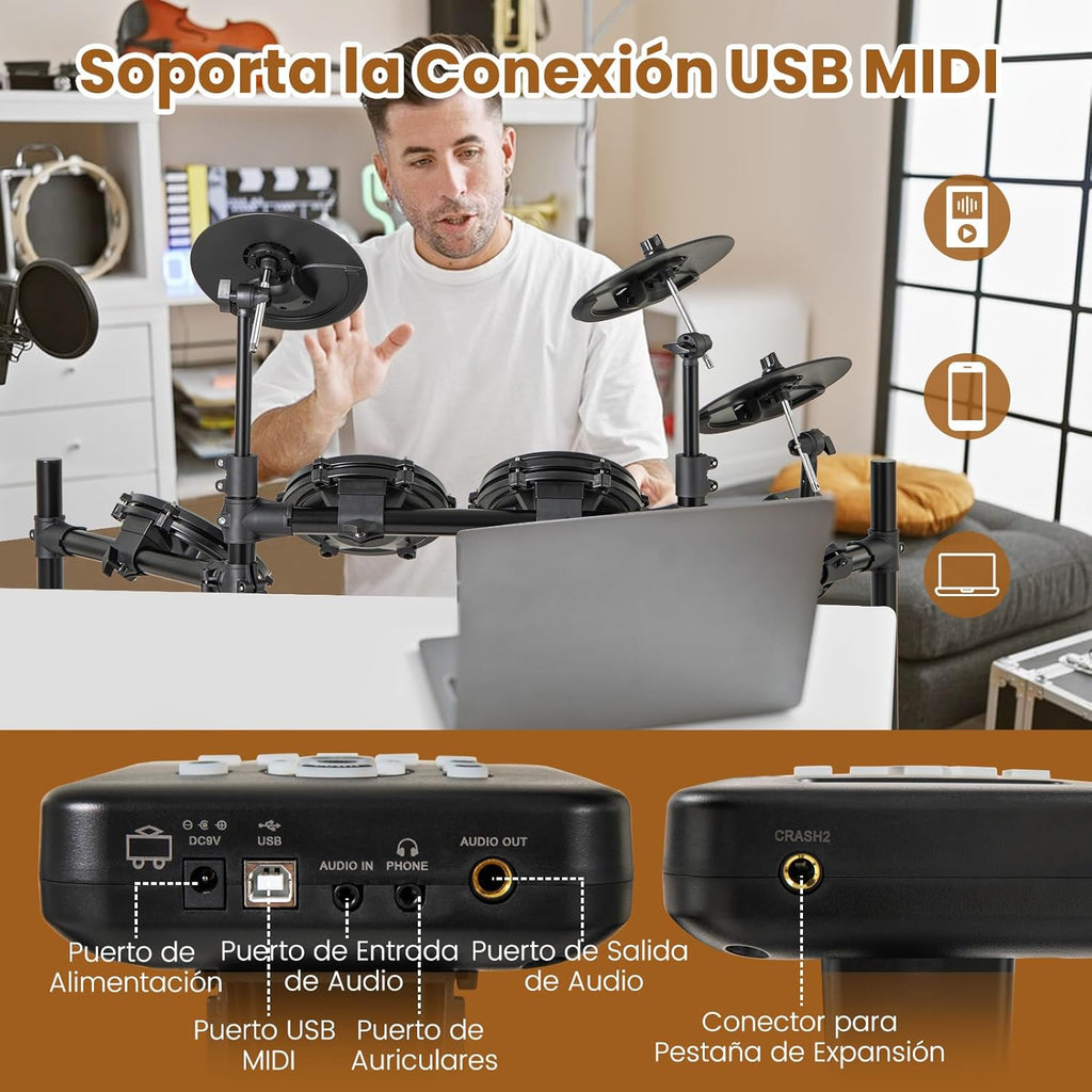 COSTWAY Batería Eléctrica, Kit de Batería Plegable con Pads de Malla Silenciosos, Platillo, 225 Sonidos y 30 Demos, Metrónomo y USB Midi, Bombo, 2 Baquetas, Taburete Ajustable, para Adultos y Niños