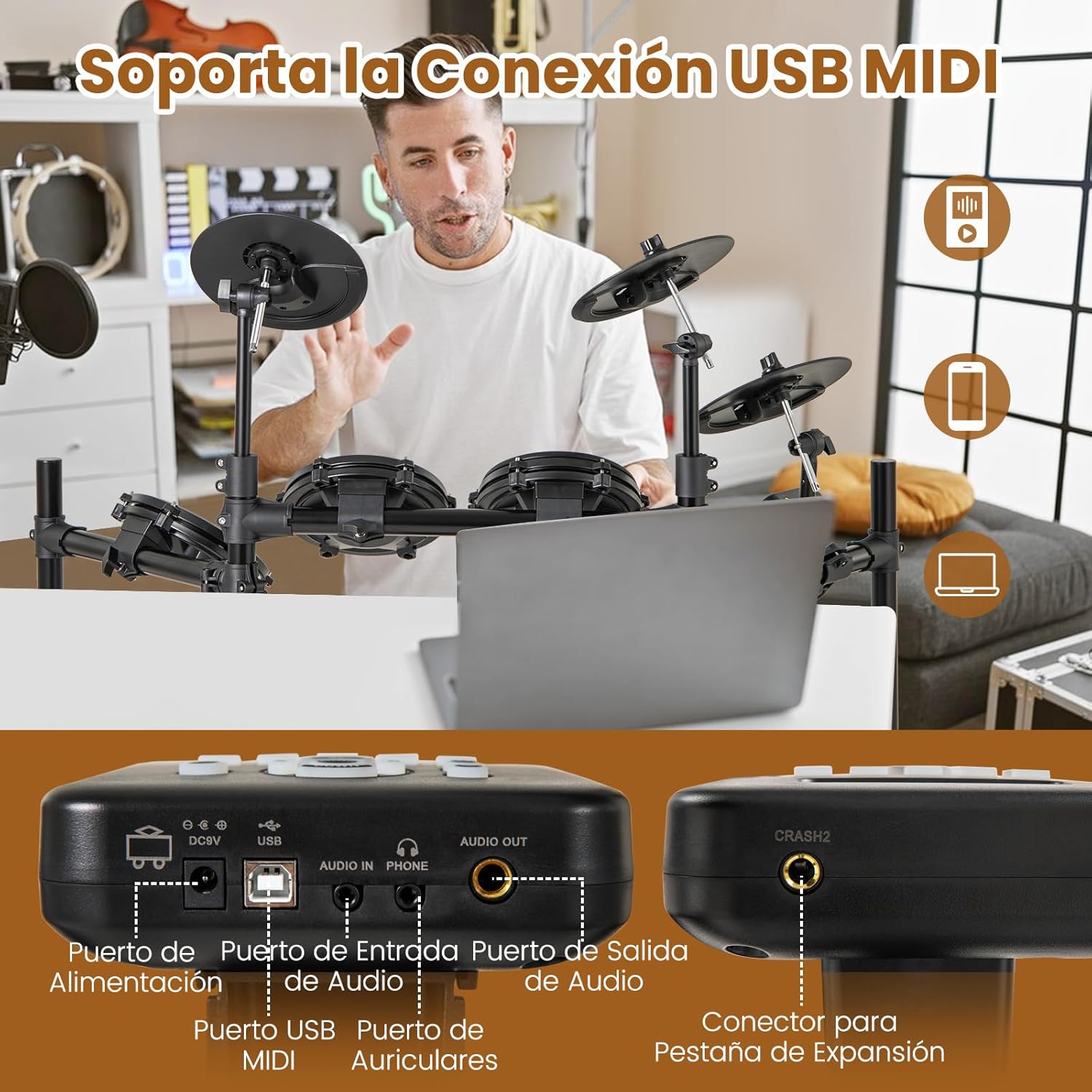 COSTWAY Batería Eléctrica, Kit de Batería Plegable con Pads de Malla Silenciosos, Platillo, 225 Sonidos y 30 Demos, Metrónomo y USB Midi, Bombo, 2 Baquetas, Taburete Ajustable, para Adultos y Niños