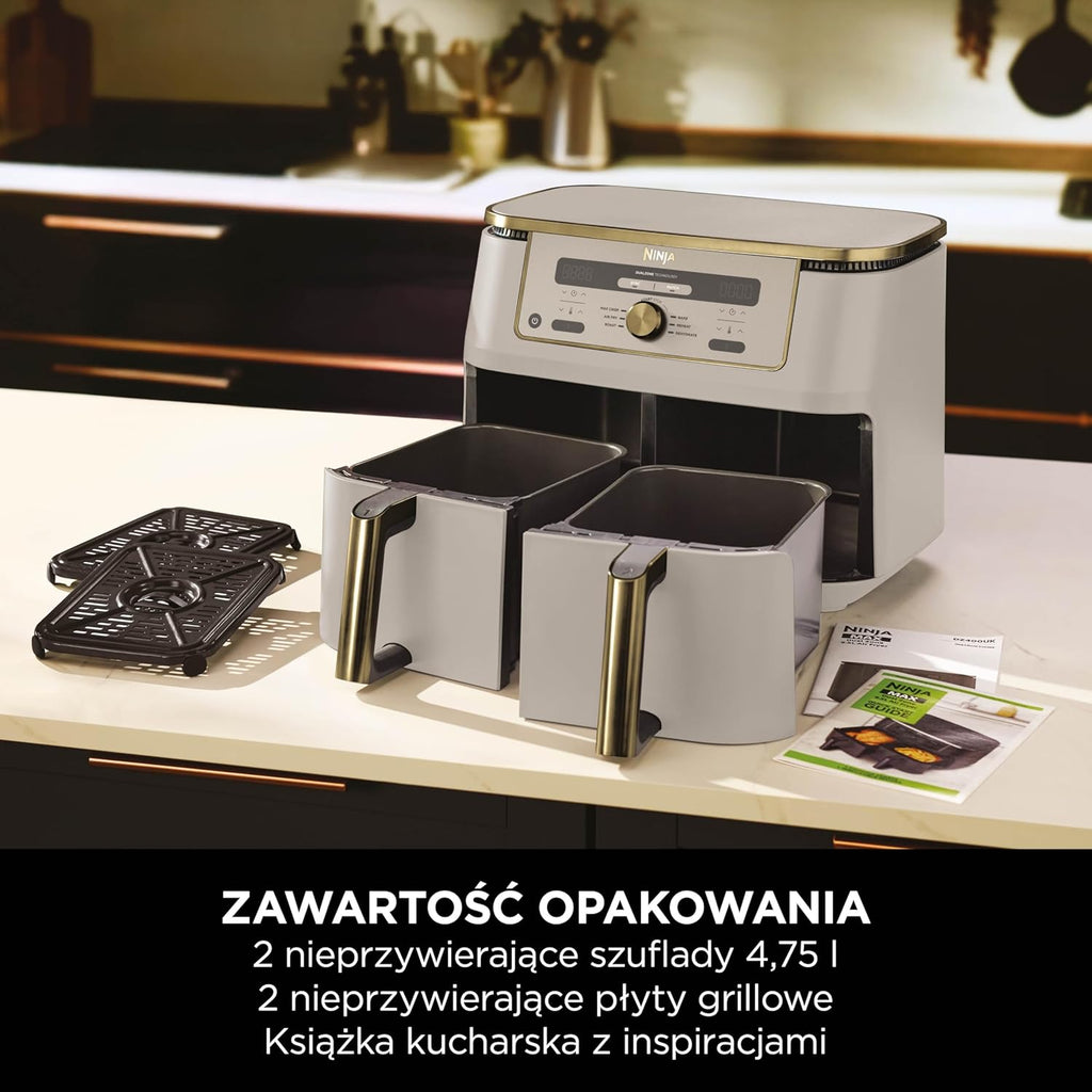 Ninja MAX Dwustrefowa frytkownica, 2 szuflady, 9,5 l, zero oleju, Air Fry, Max Crisp, Roast, Bake, Reheat, Dehydrate, nieprzywierające kosze do mycia w zmywarce, Złoty odcień kamienia, DZ400EUSTGD