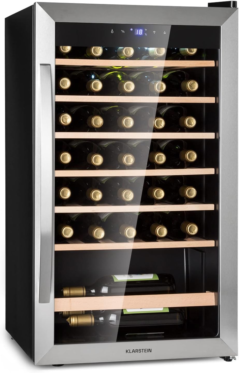 Klarstein Vinoteca 36 Botellas, Nevera Vinos, Una Zona de Refrigeración, Nevera Expositora Vino y Cerveza, Vinoteca Interior y Exterior con Puerta de Cristal, Nevera Vino con Protección UV, 4-18°C