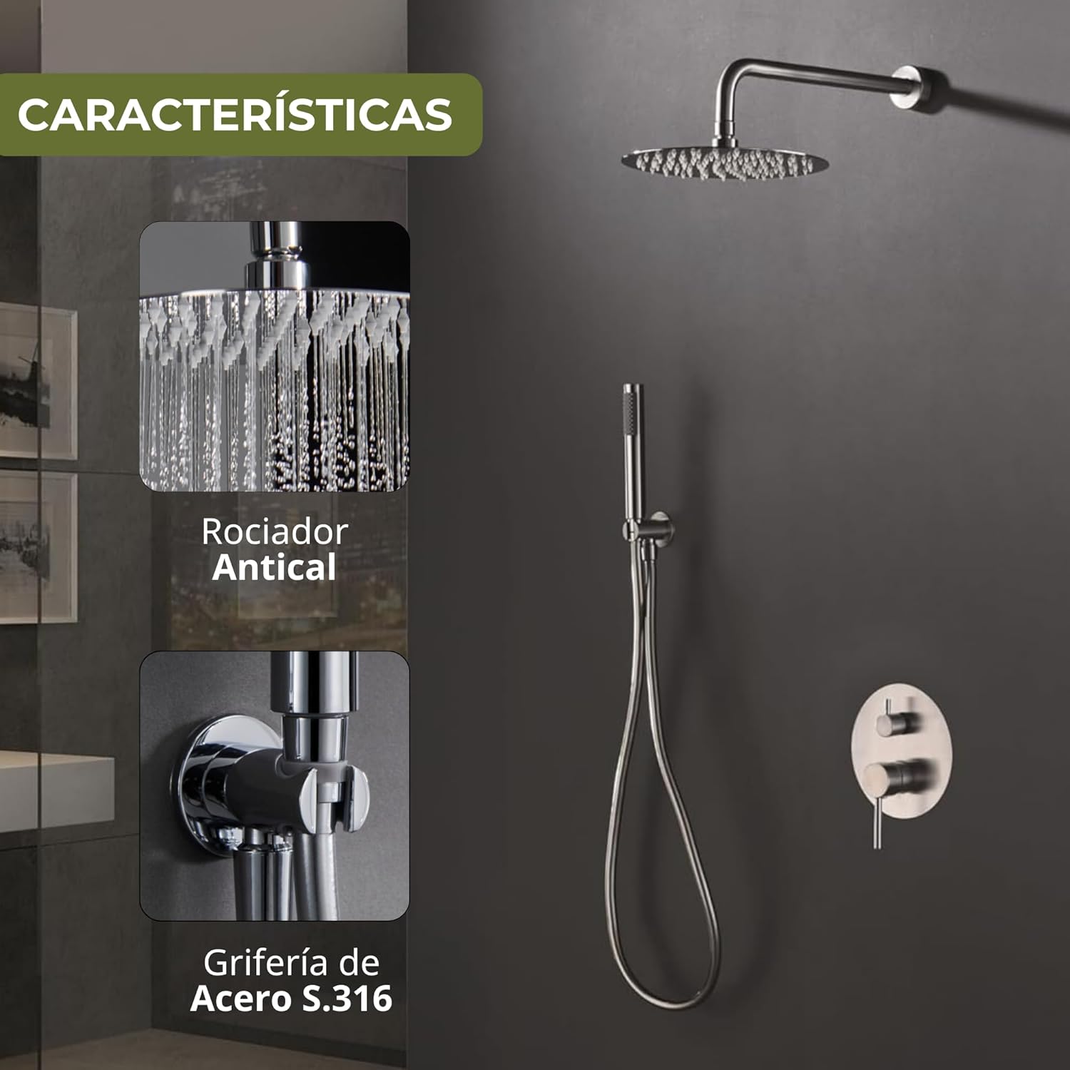 IMEX - Ducha Exterior Pared Acero Inoxidable | Ducha de Jardín Empotrable Exterior para Pared de Acero S.316 | Conjunto de Grifería con Agua Fría y Caliente para Piscina con Alcachofa | Serie Moscú