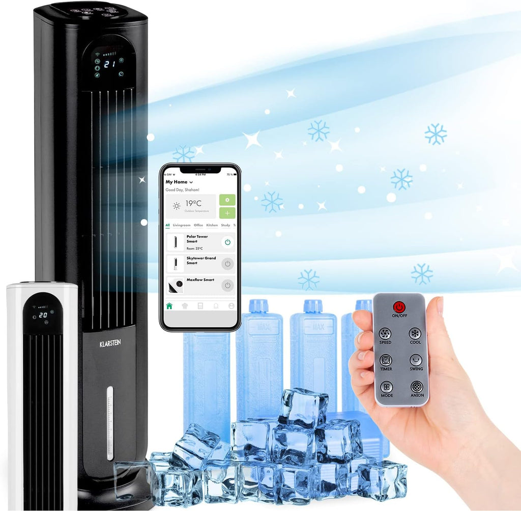 KLARSTEIN Polar Tower Smart Climatizador Evaporativo – 4 en 1: Ventilador, Humidificador & Purificador, Control App & Alexa, Depósito 7L, 3.306 m³/h, Modo Noche, Portátil con Ruedas, Negro