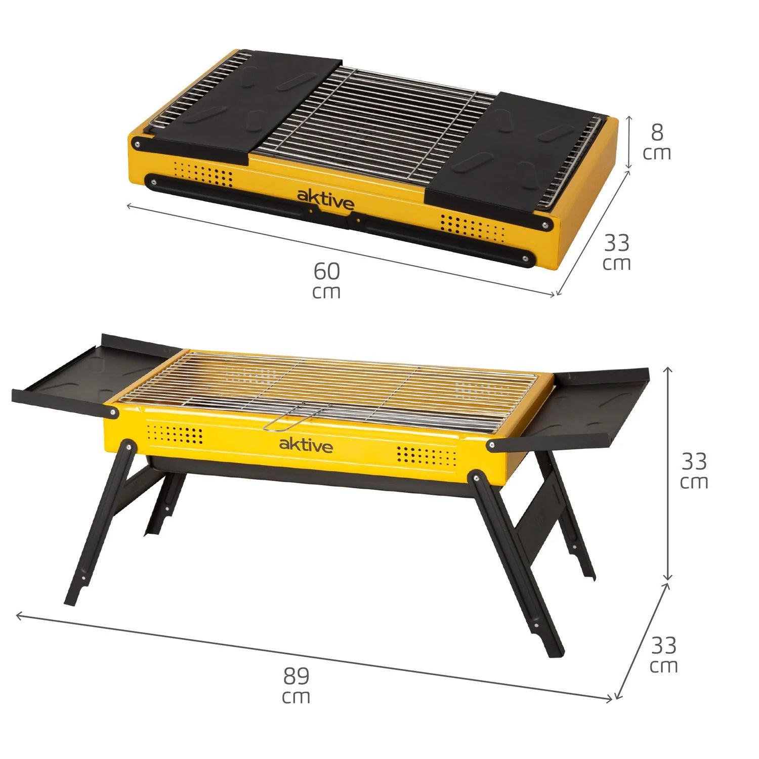 Barbacoa Carbón Plegable 89x33x33 Cm, Acero Esmaltado Con Bandejas Laterales Abatibles Y Parrilla De Acero Inoxidable - Aktive