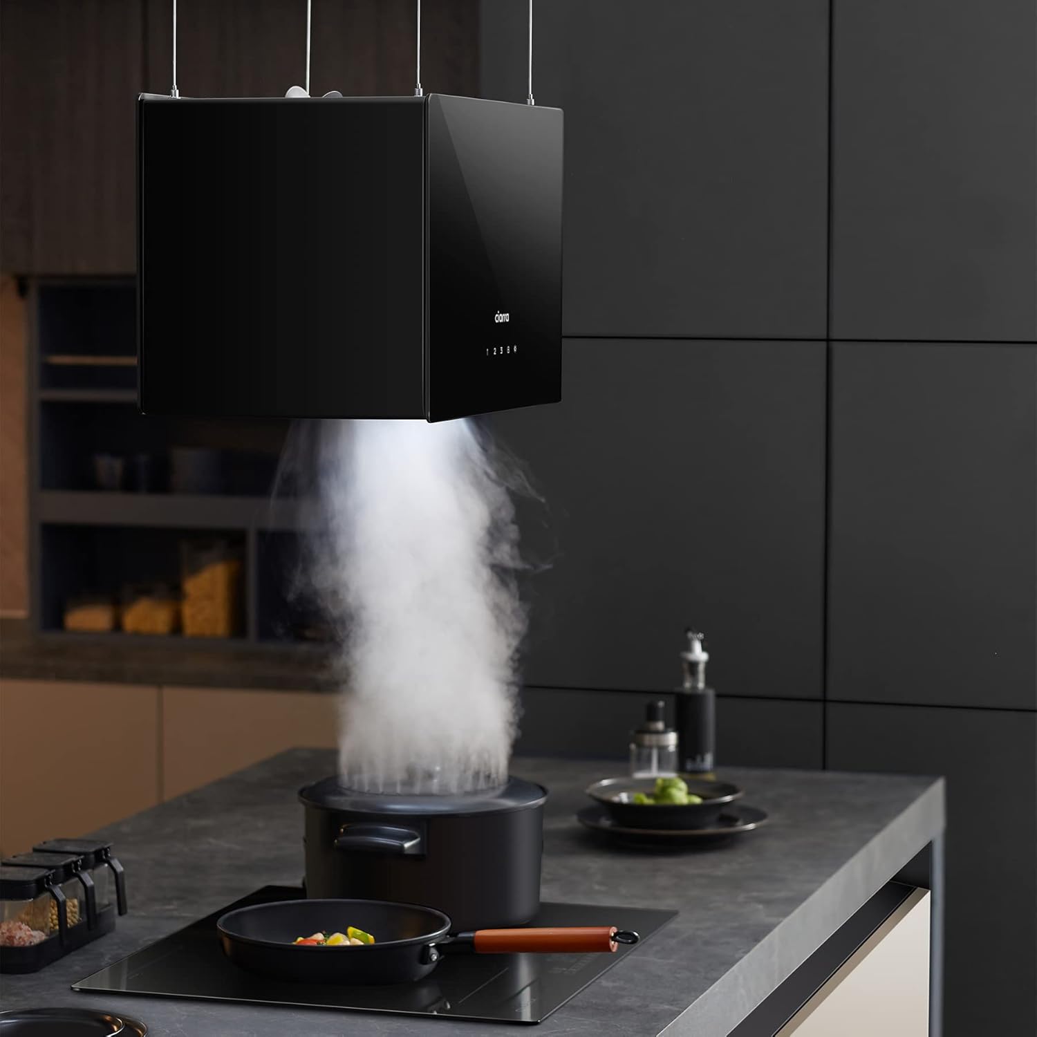 CIARRA CBCB4850 Campana Extractora en Isla sin Salida de Humos Clase A+++ 48cm 700m³/ h WiFi y Control Táctil Filtro de Carbón Incluido 4 Velocidades 2 Luces LED Negro