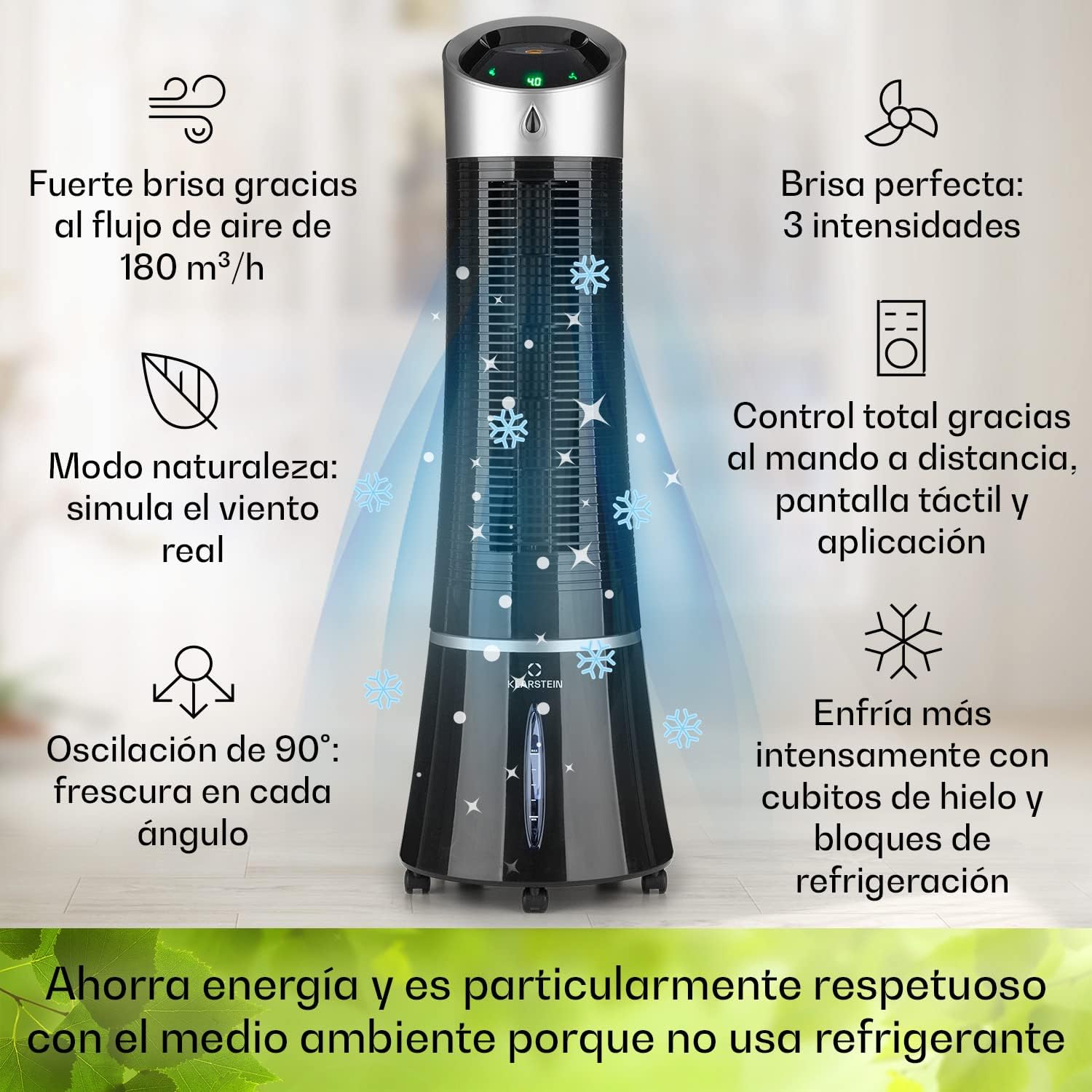 Klarstein Skyscraper Ice Smart Climatizador Evaporativo – 4 en 1: Ventilador, Enfriador, Purificador & Humidificador, 210 m³/h, Control App & Alexa, Depósito 6L, Oscilación, Ionizador, Negro
