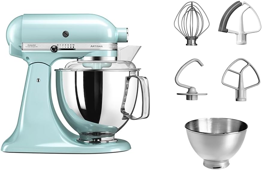 KitchenAid Batidora amasadora - Artisan - Robot de Cocina con Cabezal Inclinable - Amasadora con 5 Accesorios - Batidora de repostería con 2 boles de Acero Inoxidable - 4,8 L y 3 L - Azul hielo