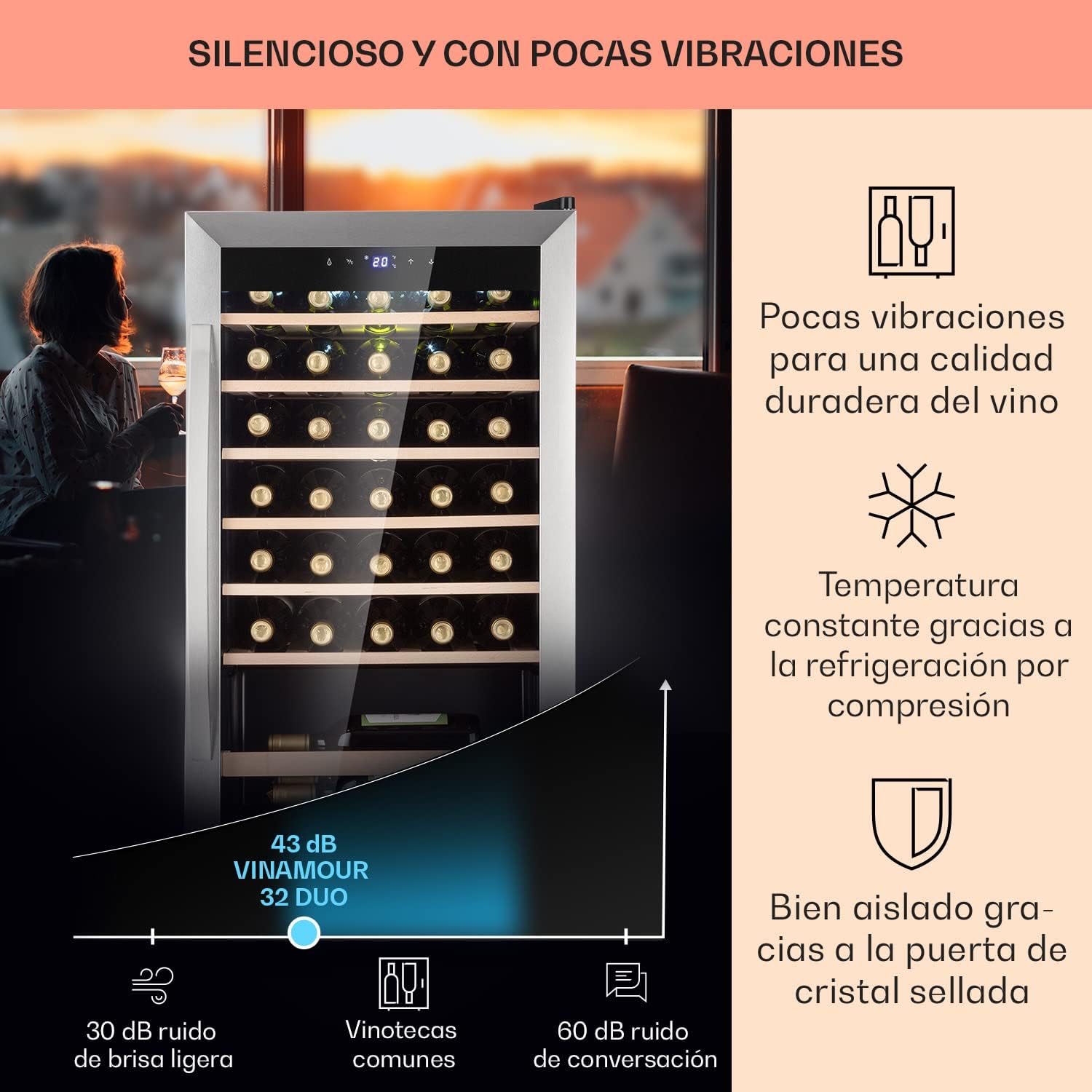 Klarstein Vinoteca 36 Botellas, Nevera Vinos, Una Zona de Refrigeración, Nevera Expositora Vino y Cerveza, Vinoteca Interior y Exterior con Puerta de Cristal, Nevera Vino con Protección UV, 4-18°C
