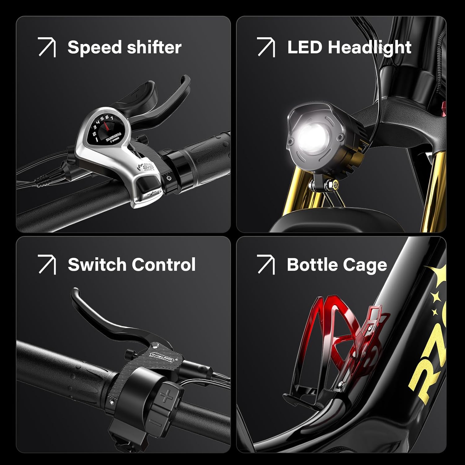 Bicicleta eléctrica todoterreno de 26 pulgadas y 70 NM para adultos con batería de iones de litio desmontable de 48 V 17.5 AH, 7 velocidades con amortiguadores dobles y freno de disco