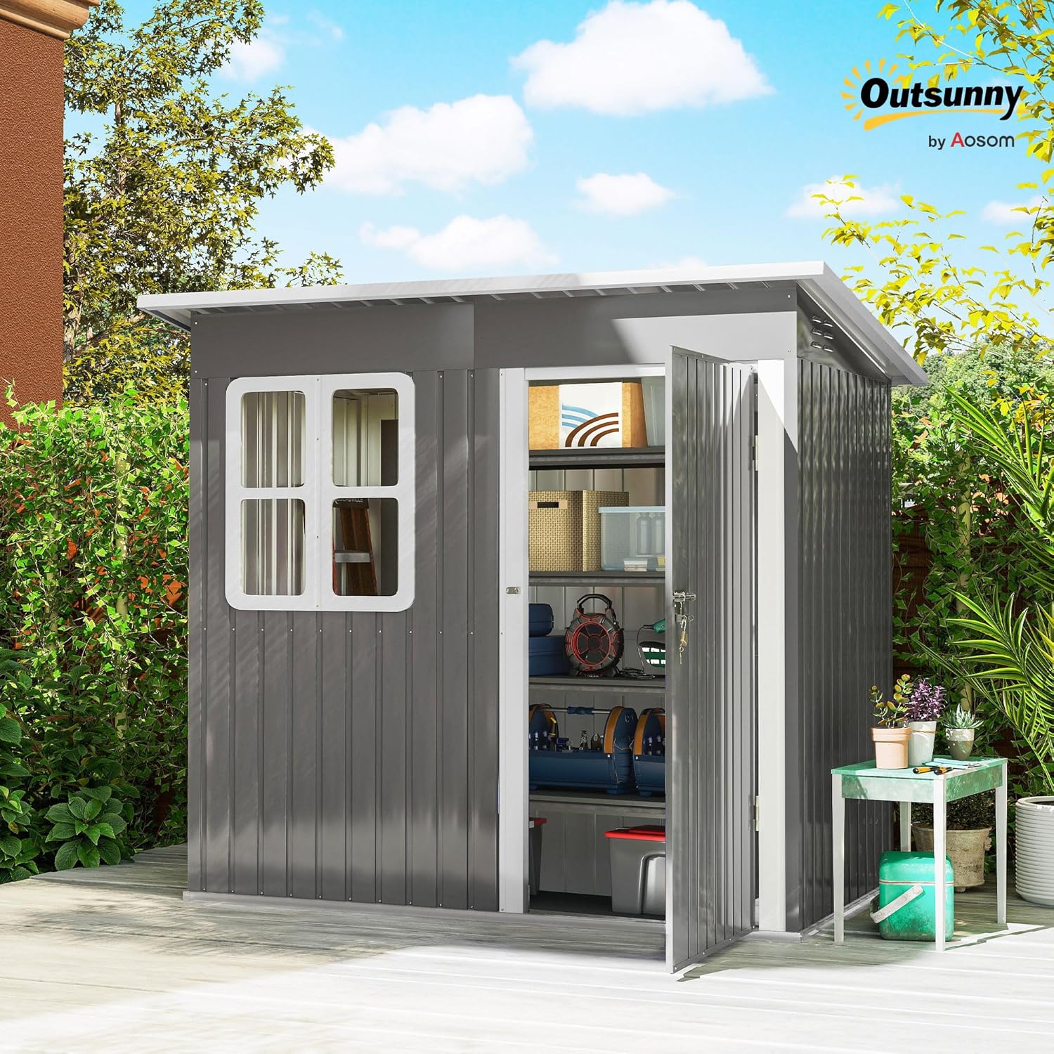 Outsunny Caseta de Jardín Exterior, 2,55 m² 221x133x190 cm, Cobertizo de Jardín Exterior Metálico con Ventana, Puerta con Cerradura y Ventilaciones, para Almacenamiento de Herramientas, Gris Oscuro
