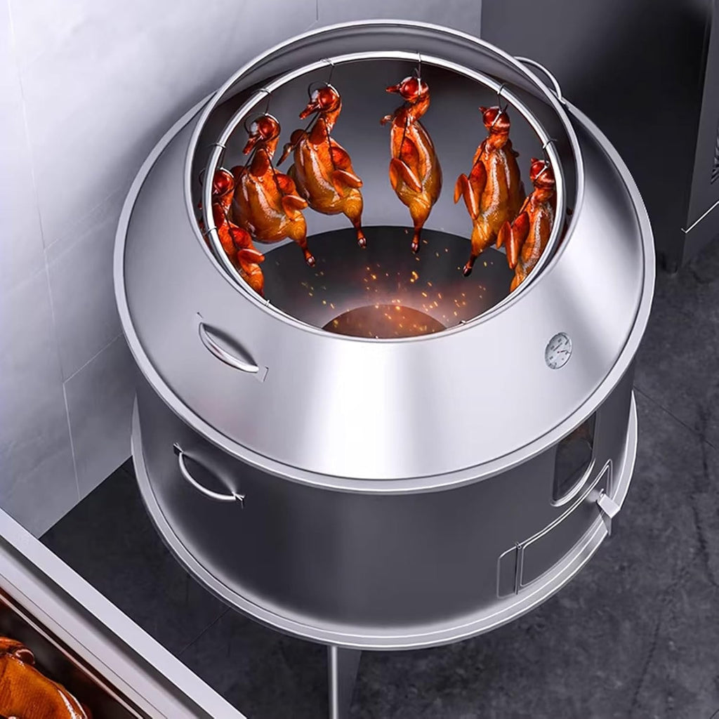 Ahumador Asador Barril Gran Capacidad Fabricado en Acero Inoxidable Totalmente Lavable Horno Circular Colgante De 360° Con Termómetro Y Puerta Central Barbacoa Portatil