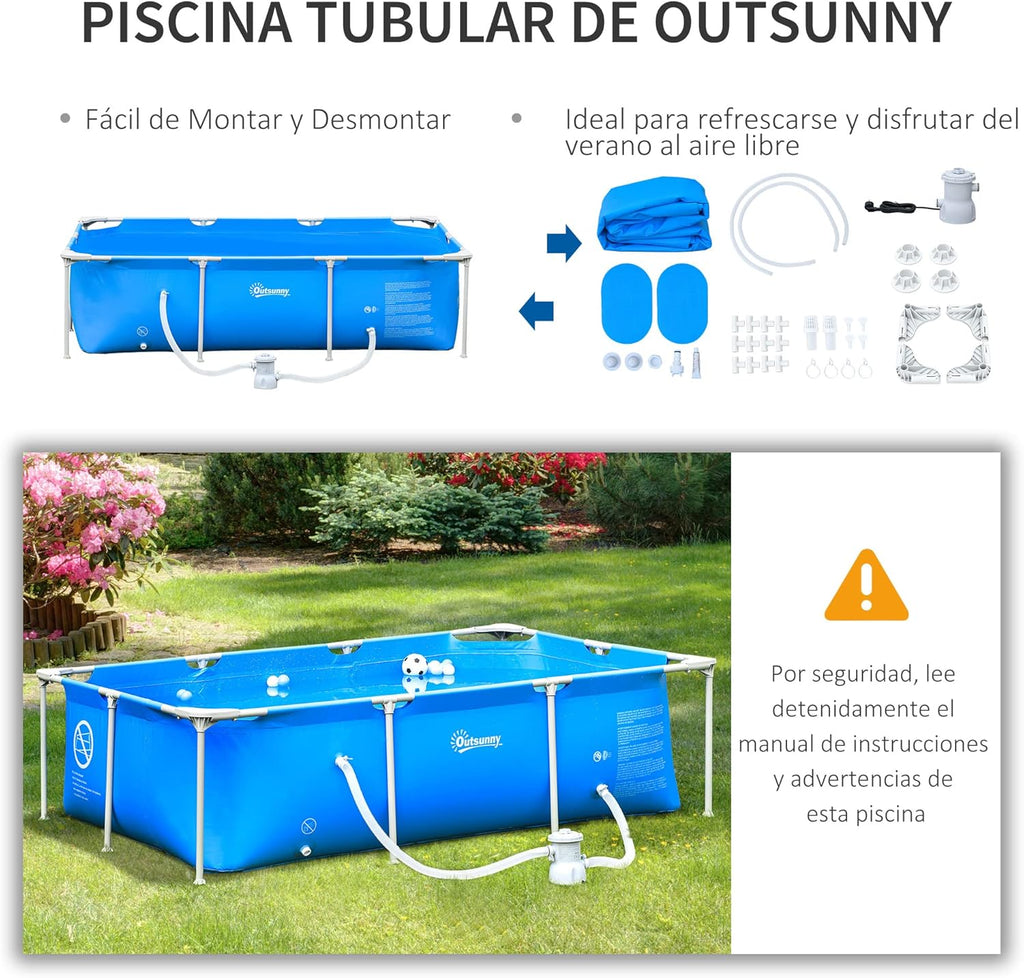 Outsunny Piscina Desmontable Tubular 252x152x65 cm con Depuradora de Cartucho 1200L/H Piscina Rectangular de Exterior para Adultos y Niños 2163L Azul
