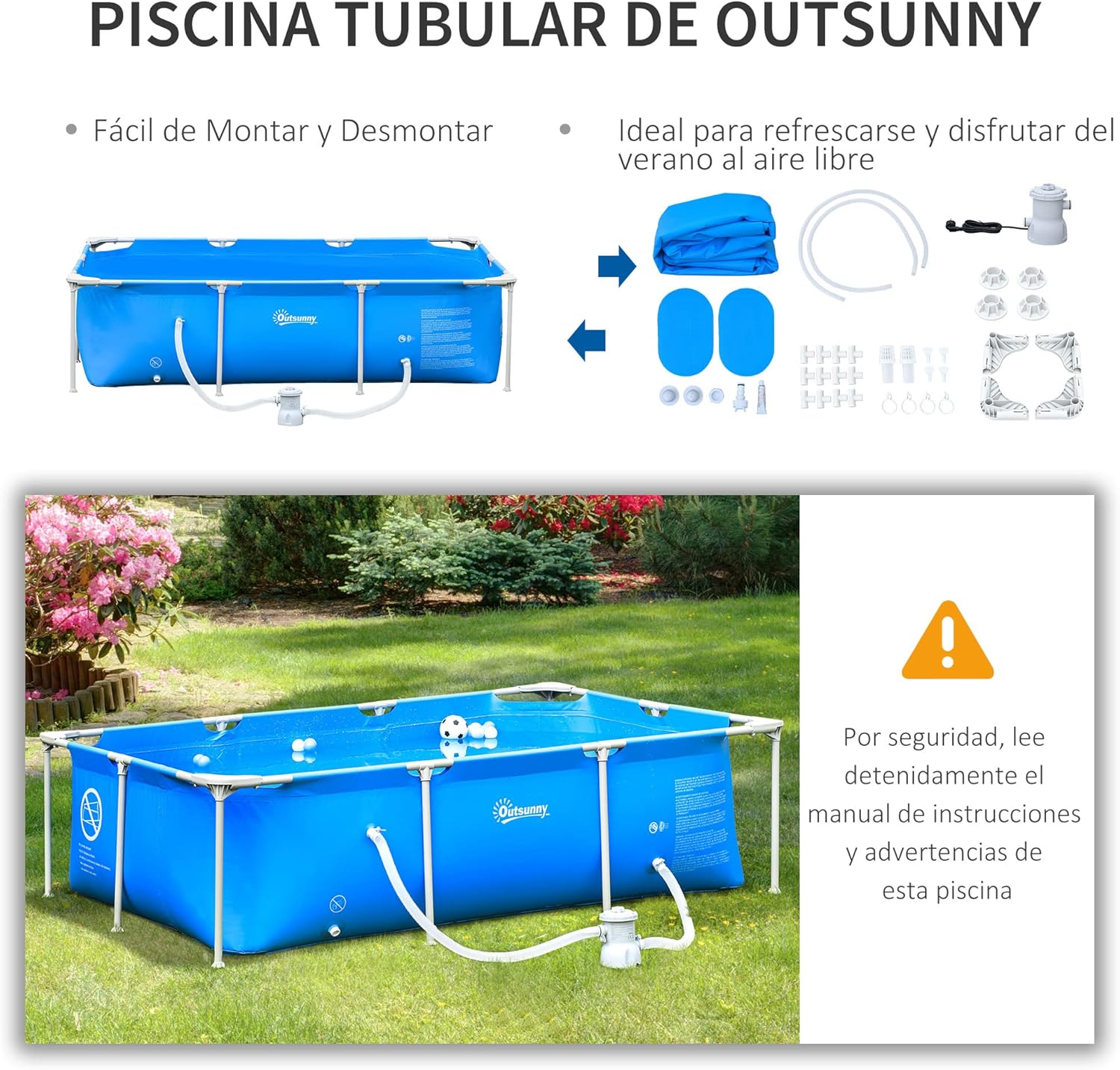 Outsunny Piscina Desmontable Tubular 252x152x65 cm con Depuradora de Cartucho 1200L/H Piscina Rectangular de Exterior para Adultos y Niños 2163L Azul