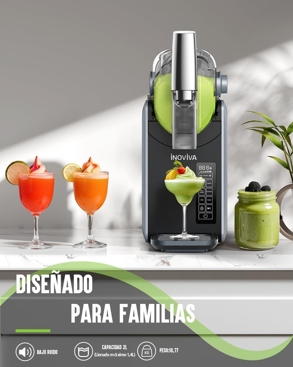 Granizadora Maquina INOVIVA, sin hielo, de 2 l, para el hogar, con autolimpieza, 5 programas preestablecidos, granizados congelados, margaritas, frappés y batidos (versión S1.2)