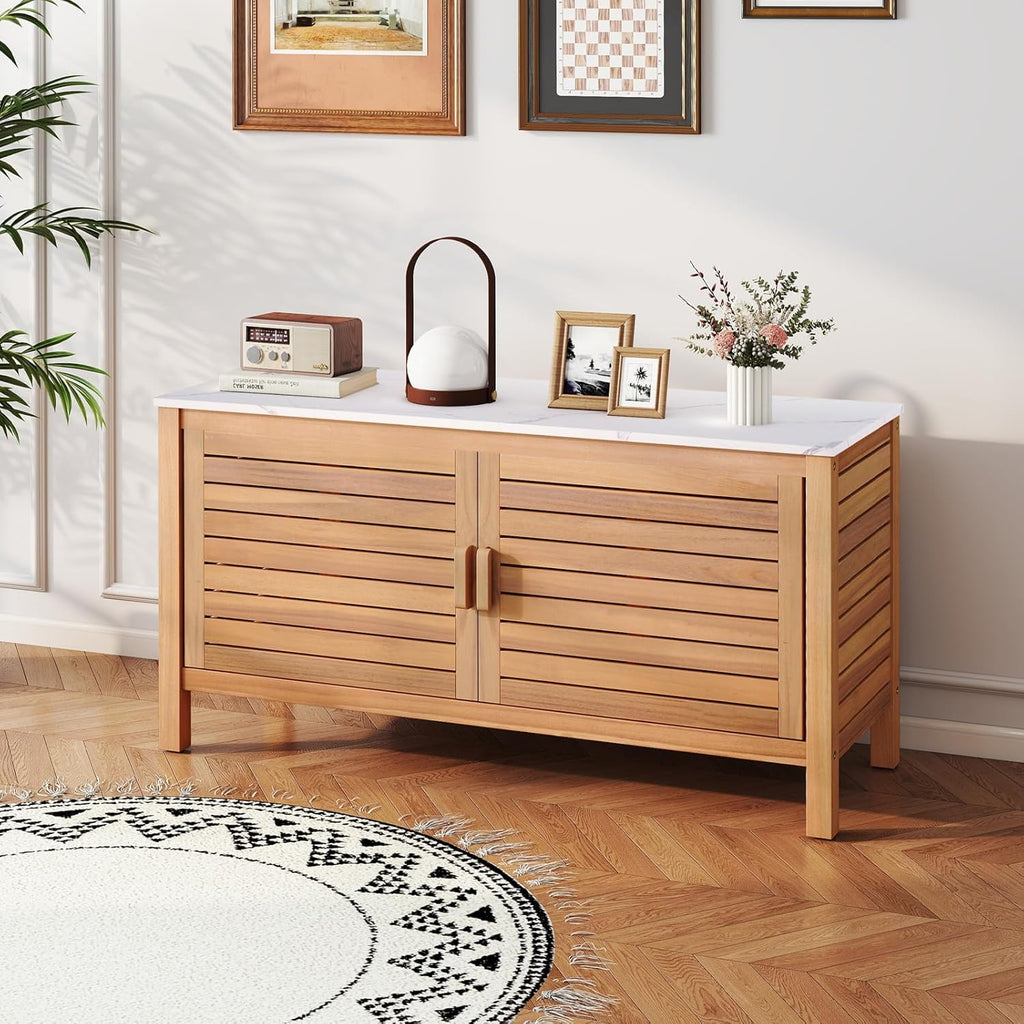 KOMFOTTEU Baúl de Jardín de Madera de Acacia, Caja de Almacenamiento con Doble Puerta y Tapa de Mármol Artificial, Arcón Exterior con Patas Ajustables, Contenedor Organizador para Patio
