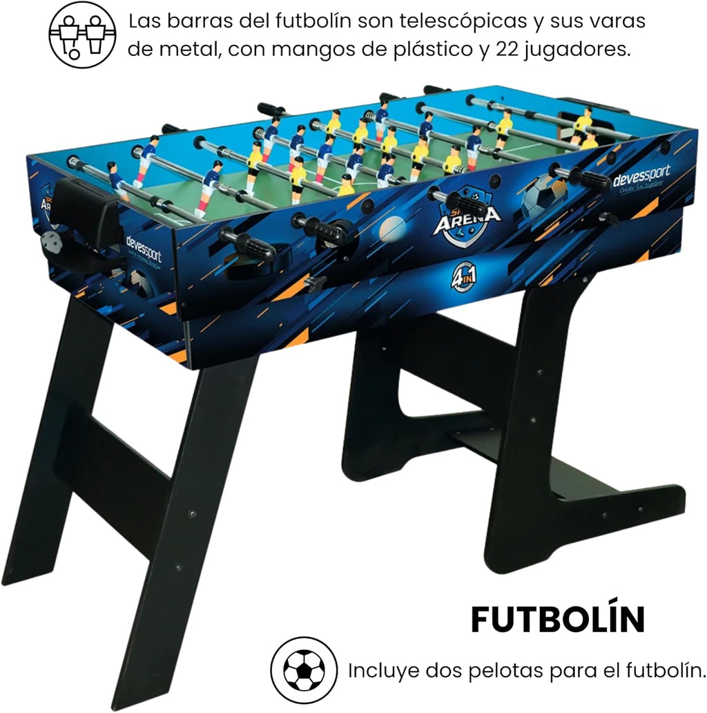 DEVESSPORT Multijuego Plegable 4 en 1 Sport Arena | Futbolín, Billar, Air Hockey y Ping Pong | Mesa de Juegos Multijuegos Plegable con Accesorios Incluidos