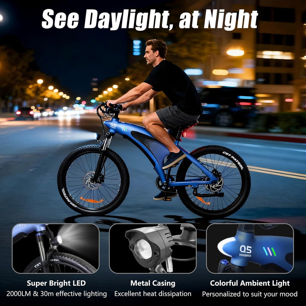 HX Q5 Bicicleta Eléctrica Montaña para Adultos con Carga rápida 48V 20AH Batería Extraíble,27.5"x2.25" Tyre EBike con luz RGB,SHIMAN0 7 velocidades,Frenos de DIS hidráulicos y Alcance 90-120KM