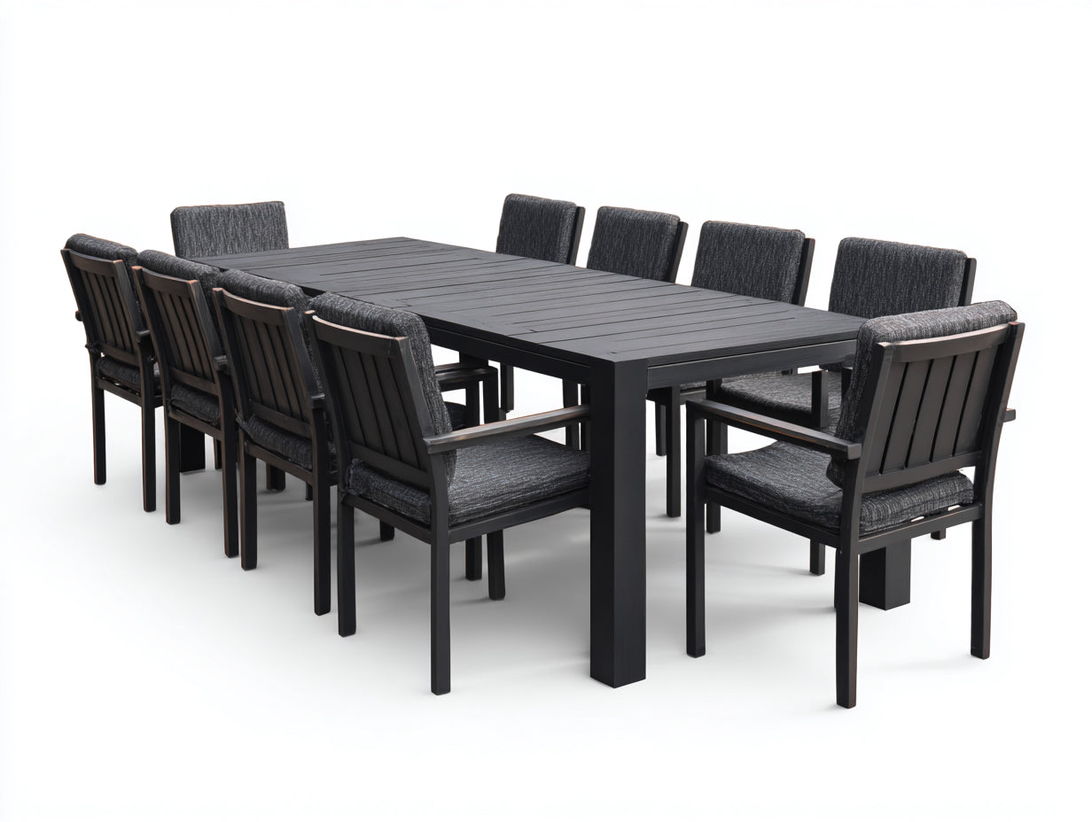 Conjuntos de comedor de jardín 200x100x75 cm - mesa de aluminio con 10 sillas tapizadas - negro-gris - diseño moderno exterior