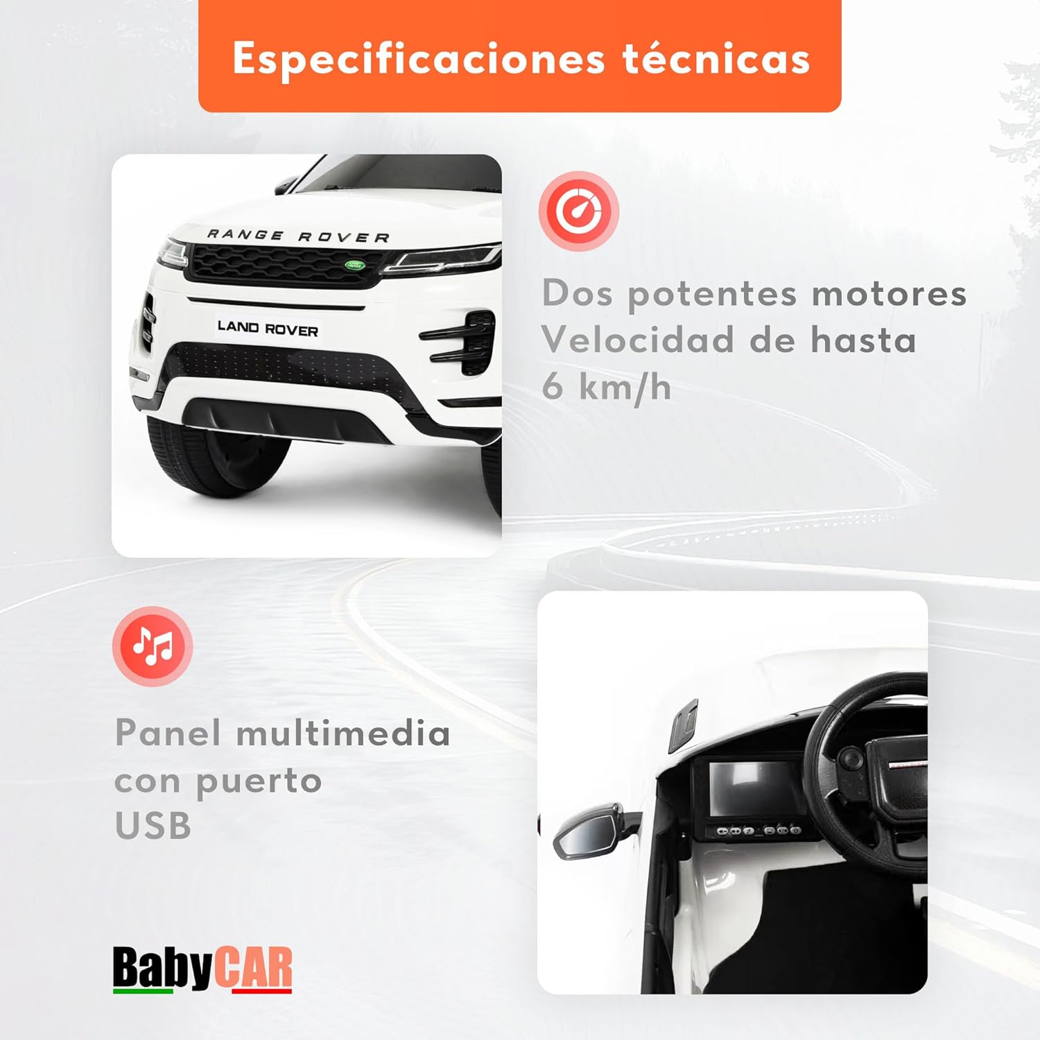 BabyCar Range Rover | Coche electrico para niños 12V con 2 Motores 35W | Coche Bateria con Mando Niño, Asiento de Piel, Puertas abatibles, MP4/USB | Licencia Oficial | Blanco