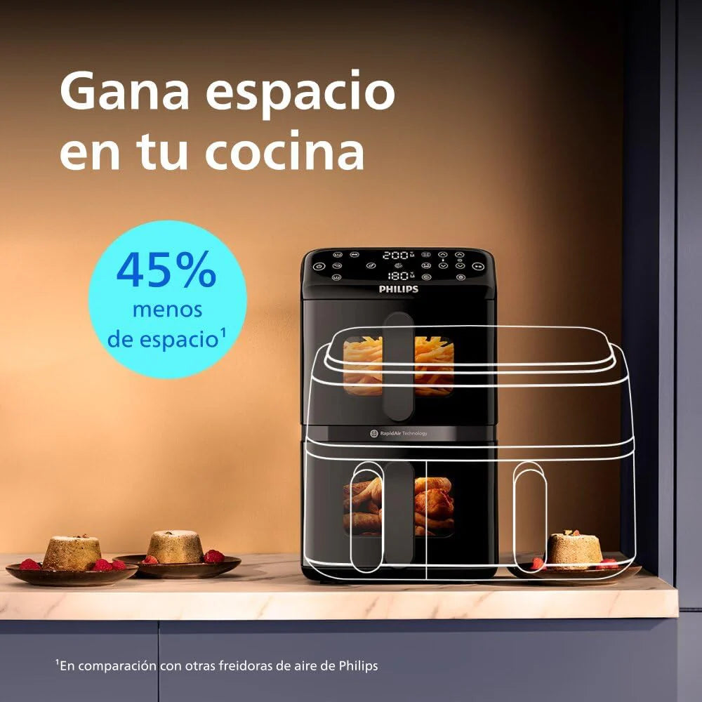 Philips Airfryer Series 4000 Double Vertical Basket 10L – RapidAir Technology, Sync, 2 Baskets at Once, 45% Less Space, PFAS Free Ceramic Coating, Viewing Windows (NA460/00)