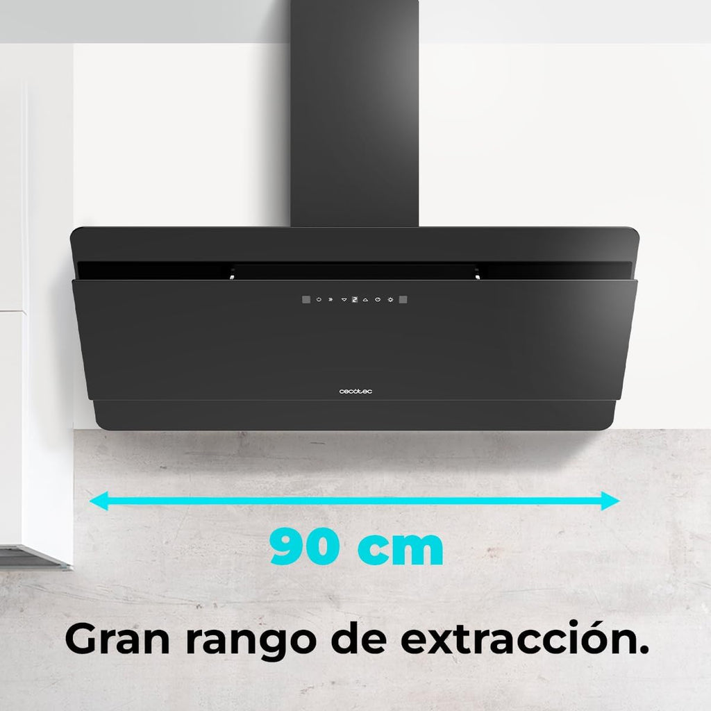 Cecotec Campana Decorativa 90 cm Flux Dt 908000 Glass Black A++. Vidrio Negro, 800M3/H de Potencia, Motor 210W, A++, Control Táctil, 3 Niveles + Booster, Hand Movement Control