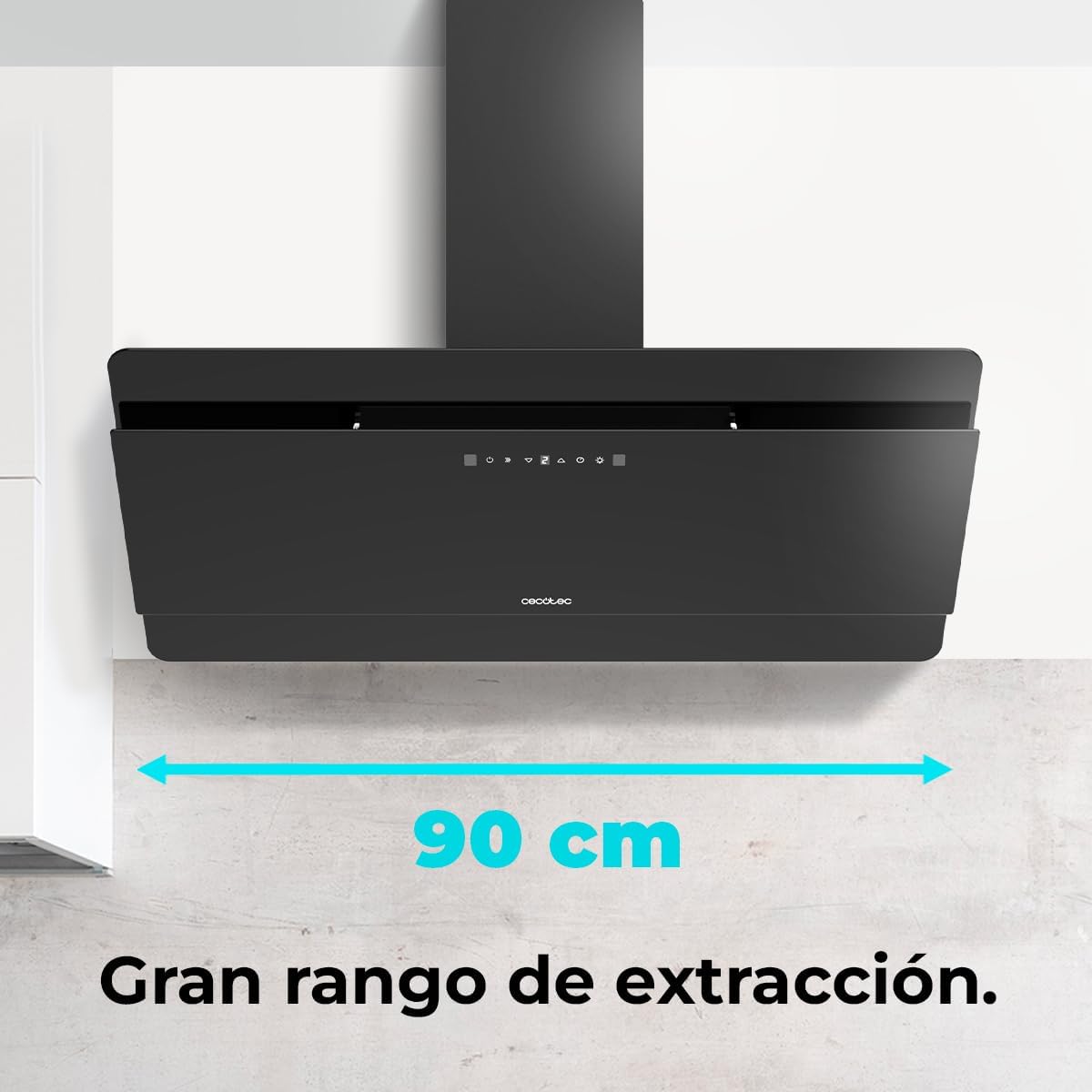 Cecotec Campana Decorativa 90 cm Flux Dt 908000 Glass Black A++. Vidrio Negro, 800M3/H de Potencia, Motor 210W, A++, Control Táctil, 3 Niveles + Booster, Hand Movement Control
