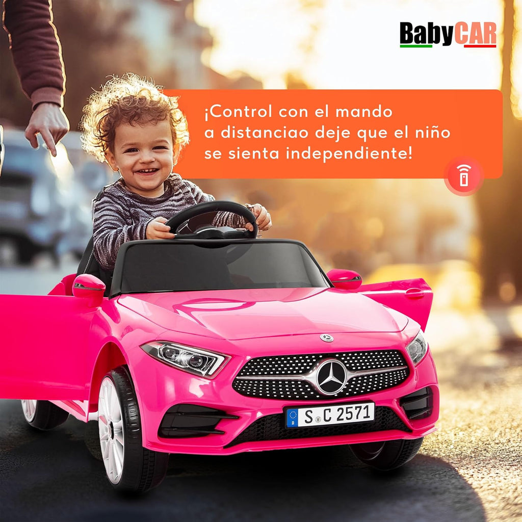 BabyCar Mercedes CLS 350 AMG | Coche Electrico para Niños 12V con 2 Motores 25W | Carro Electrico Infantil con Mando Parental, Asiento de Piel, Puertas Abatibles, MP3/USB | Mercedes Oficial | Rosa