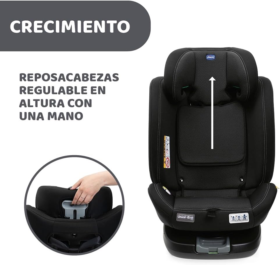 Chicco Unico EVO I'Size Classic, Silla de Coche ISOFIX para Bebés y Niños de 40 a 150 cm, Grupo 0123 Desde Recién Nacido hasta 12 Años, Giratoria 360º, Reductor, Ajustable y Protección Lateral, Negra