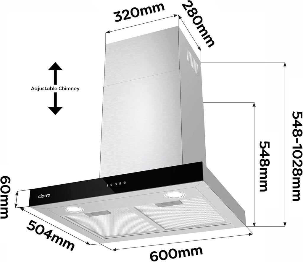 Ciarra CBCS6102 Campanas Extractora 60cm 650 m³/h - Control Táctil y Wifi - 4 Velocidades - Evacuación al Exterior y Recirculación Interna por Filtro de Carbón CBCF003 - Acero Inoxidable