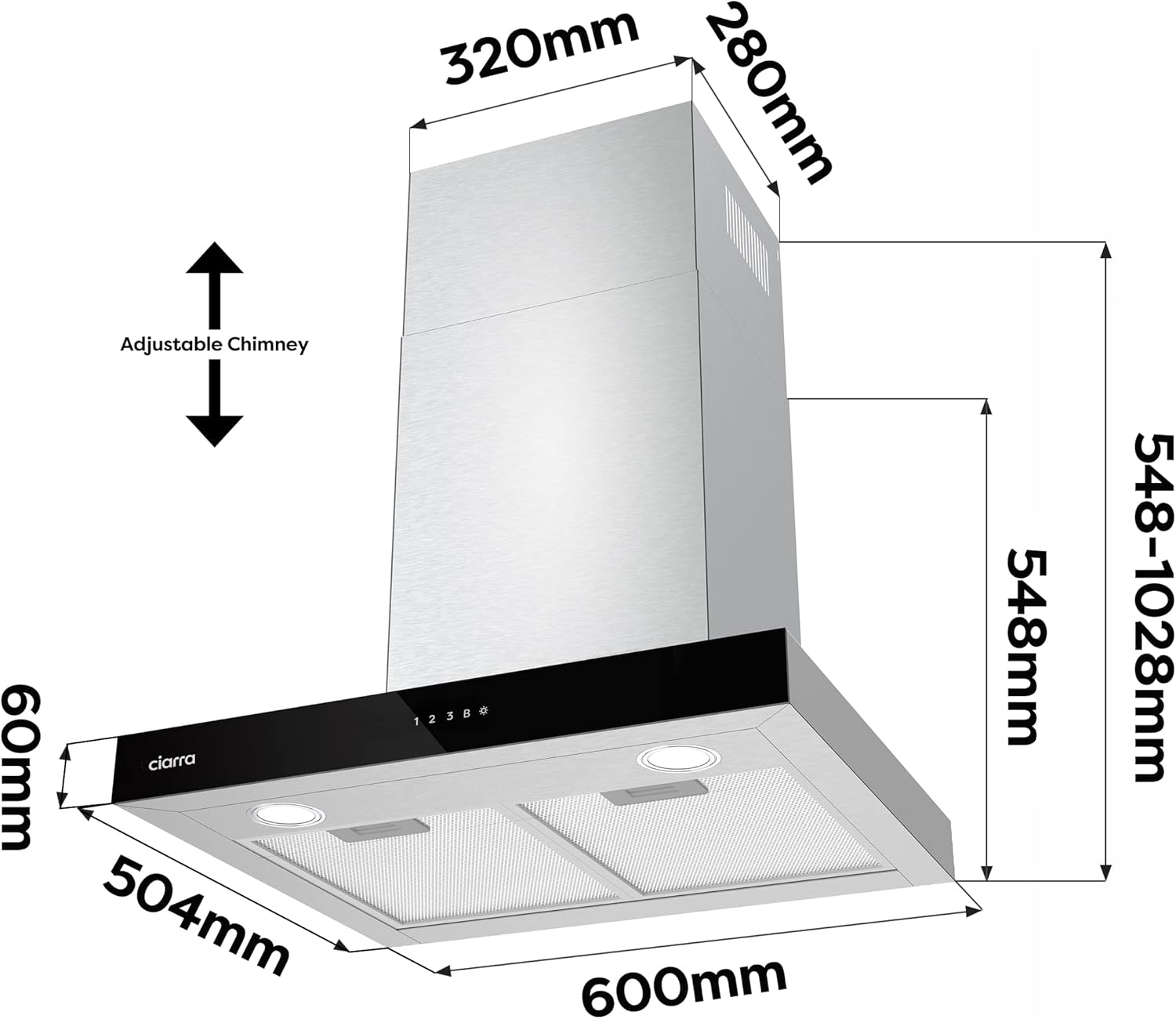 Ciarra CBCS6102 Campanas Extractora 60cm 650 m³/h - Control Táctil y Wifi - 4 Velocidades - Evacuación al Exterior y Recirculación Interna por Filtro de Carbón CBCF003 - Acero Inoxidable
