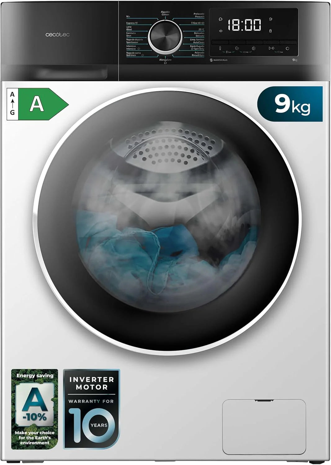 Cecotec Washing Machine 9 kg Front Load Bolero Dresscode 9500 Inverter Steel A. 1900W, 1400 rpm, Inverter Plus Motor, Low Consumption, 16 Programs, SteamMax, Delay Start, Steel