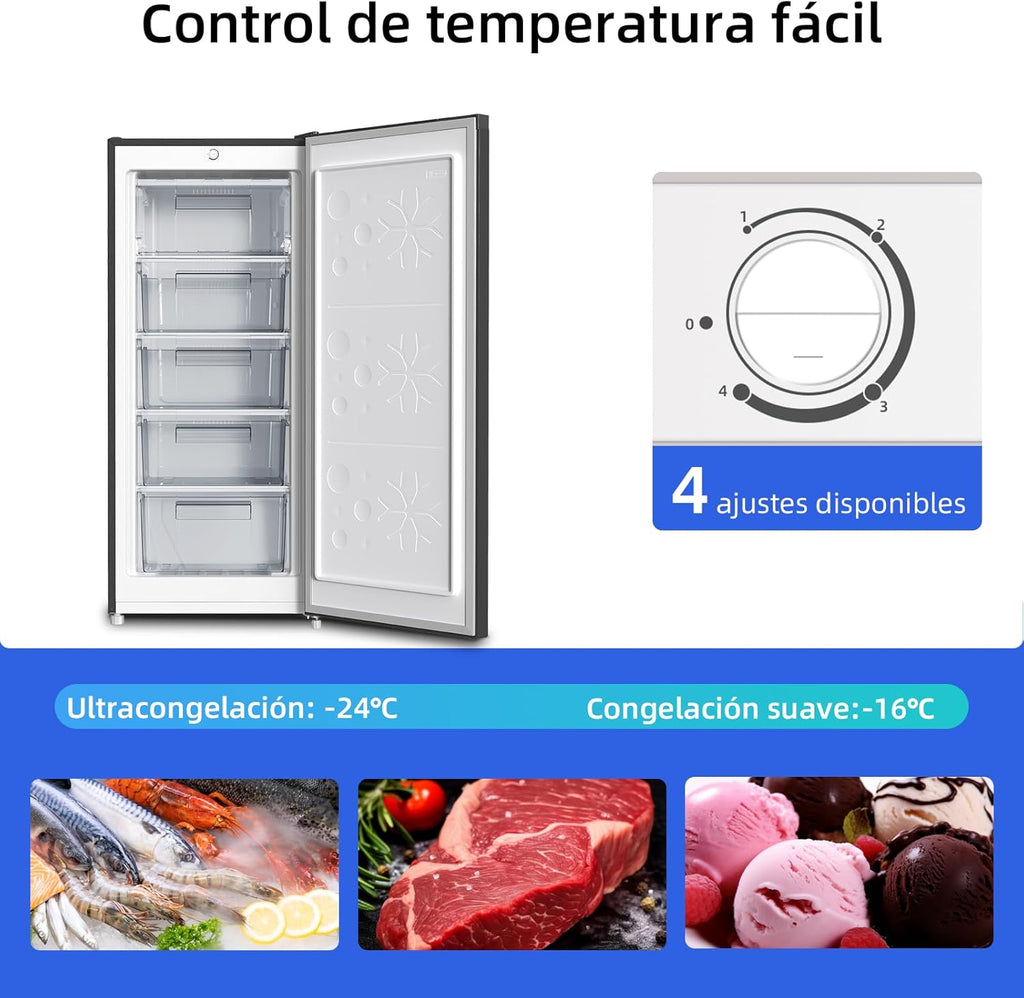 Congelador vertical independiente CHiQ, 145L de capacidad, congelación rápida, termostato ajustable, silencioso, puerta reversible, negro, clasificación energética E