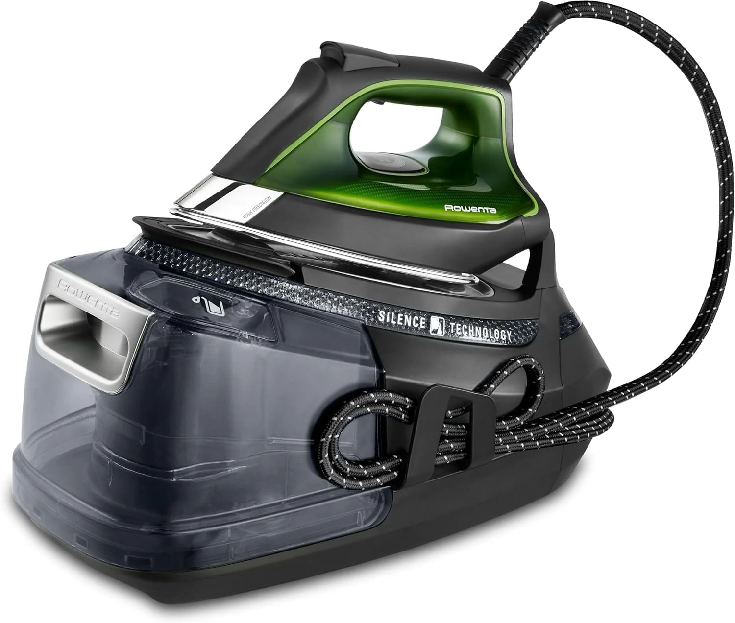 Rowenta Silence Steam Pro – Ironing Center, Unlimited Autonomy, 8 Bars, Steam Boost 600 g/min, Microsteam Sole, ECO Function and Lime Reservoir, 1.3 Litres, Black and Grey, DG9248