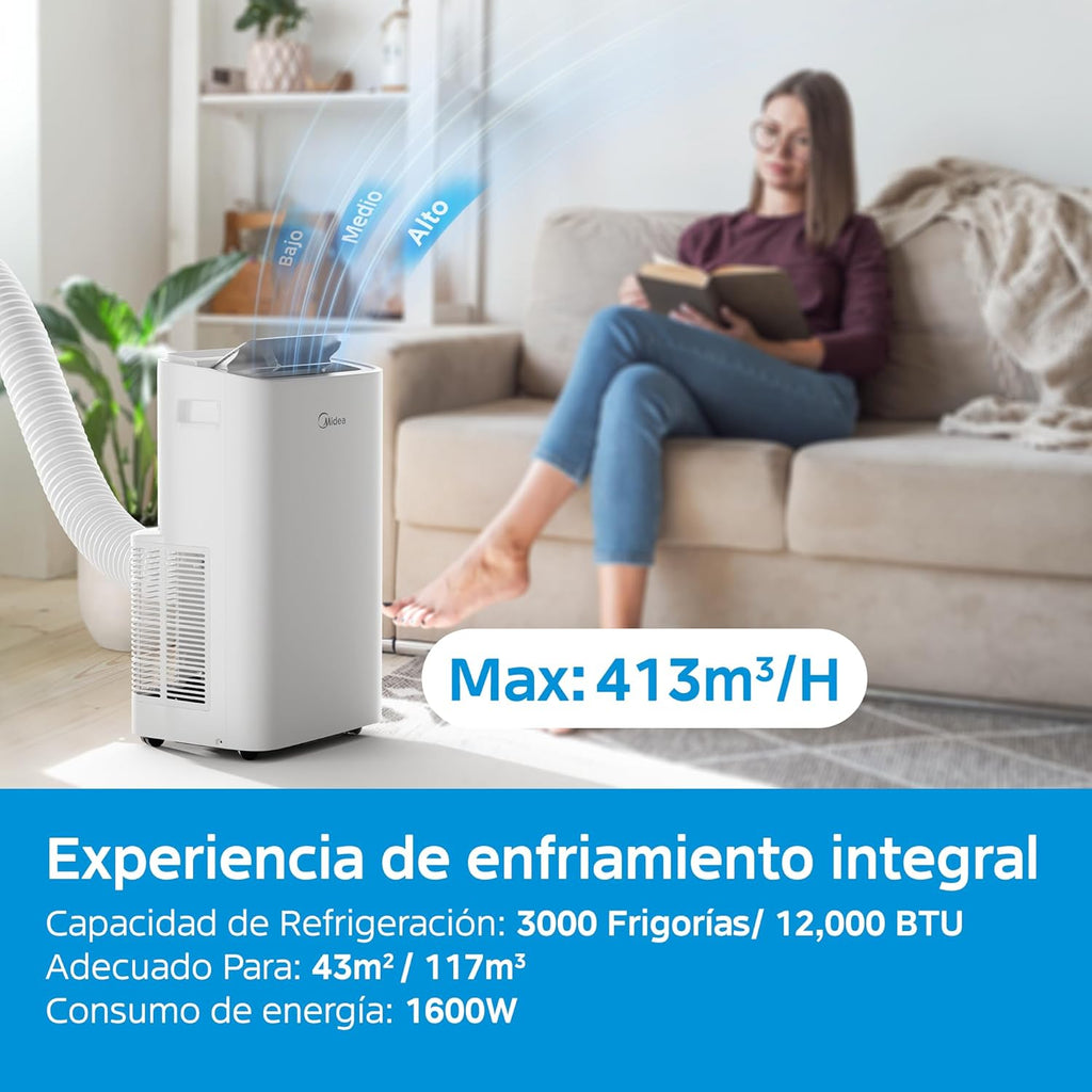 MIDEA Pingüino Aire Acondicionado Portátil 3 en 1 | 3000 Frigorías / 12000 BTU | Air conditioner Silencioso 43m2 - Deshumidificador Ventilador Climatizador 3500 W - 4 modalidades con kit de ventana
