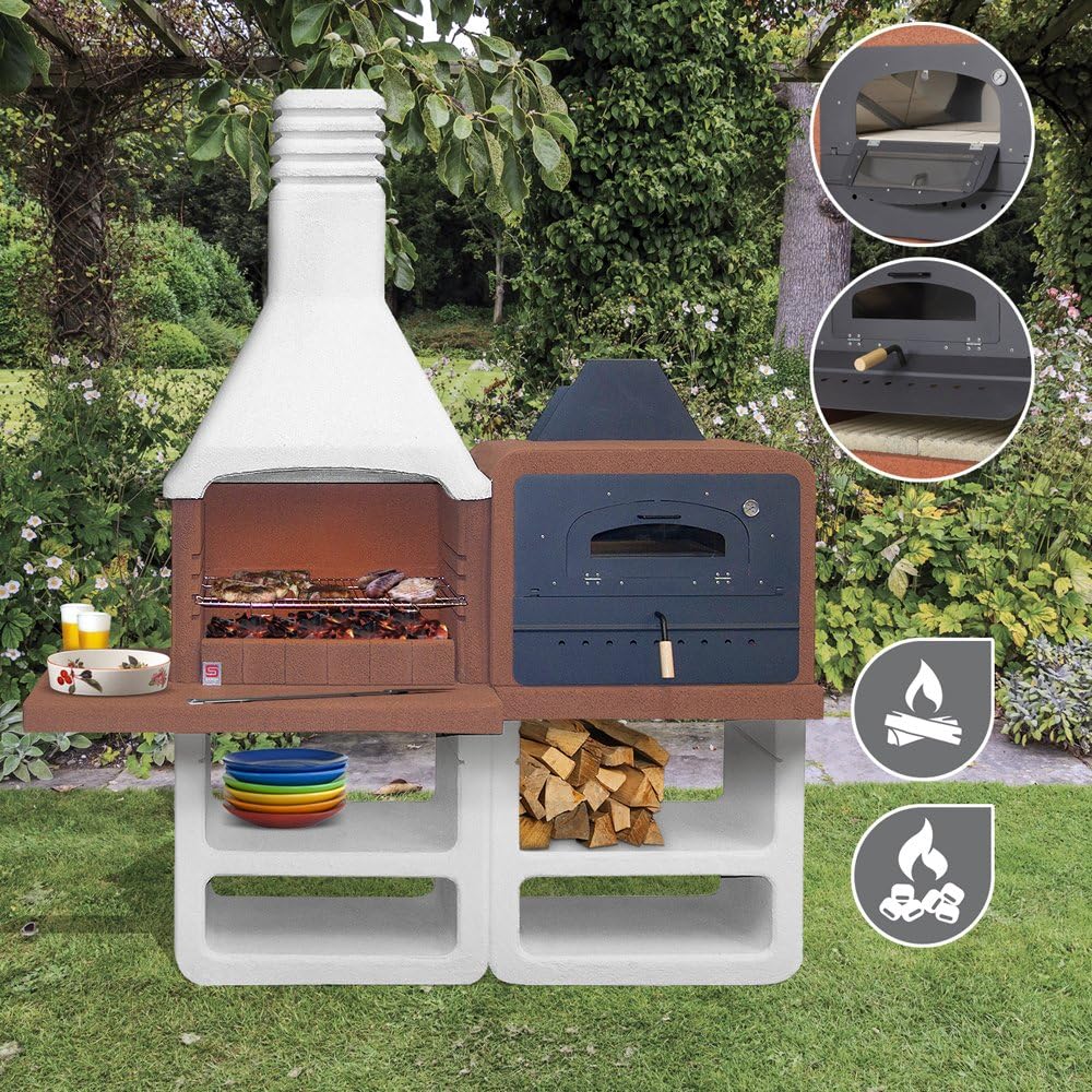 Sarom Portofino Barbacoa de jardín con chimenea y horno de acero inoxidable