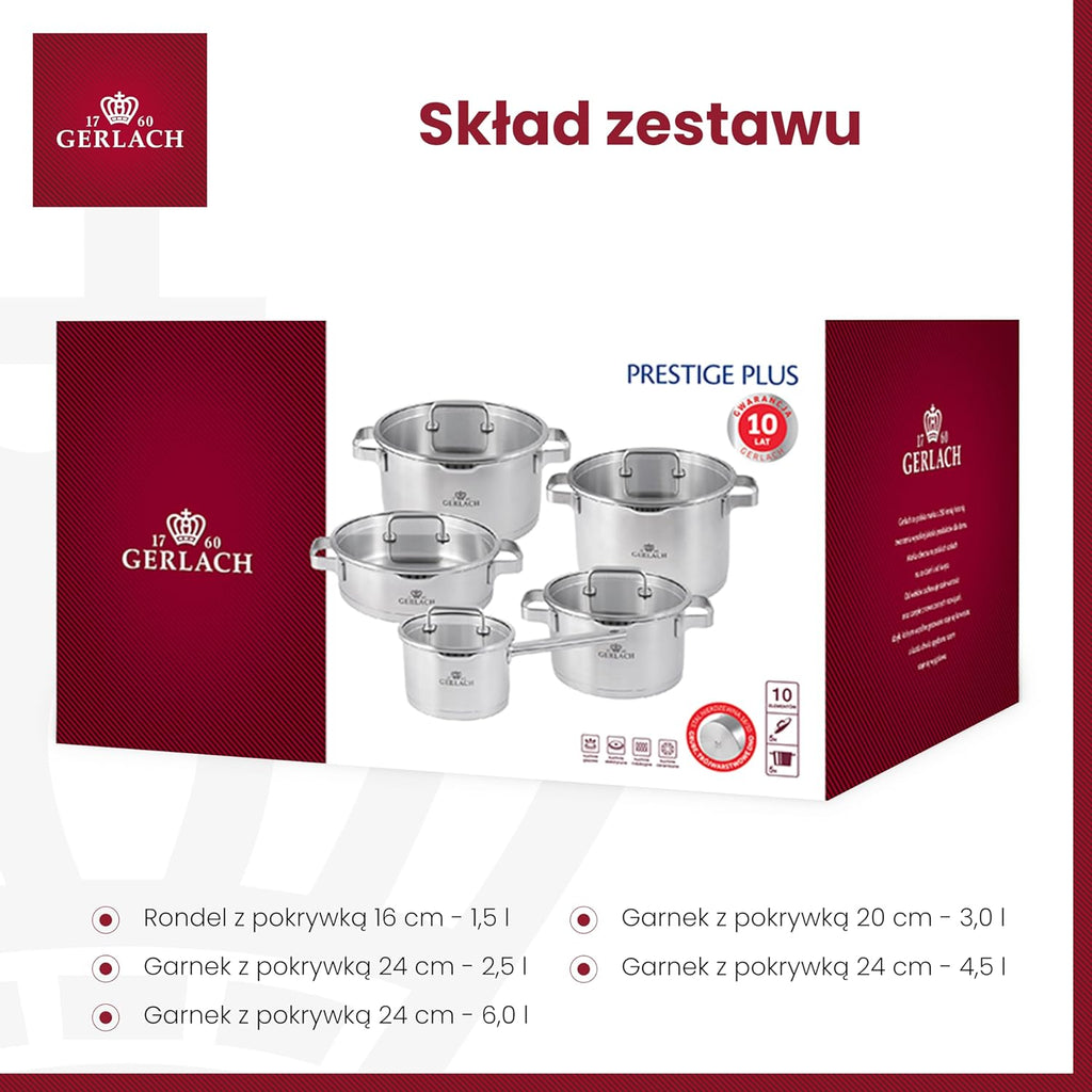 Gerlach Prestige Plus Zestaw Garnków, Srebrny, 10 El.