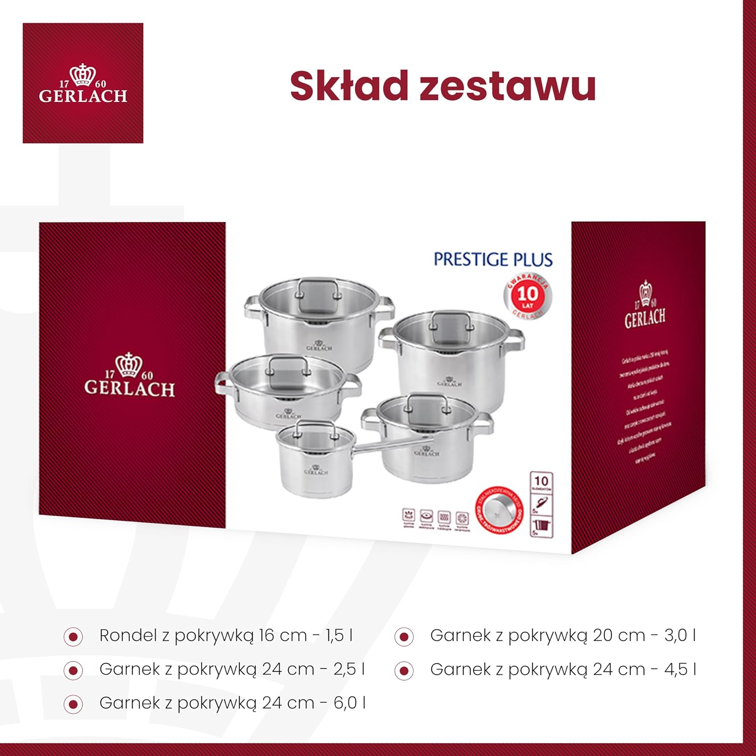 Gerlach Prestige Plus Zestaw Garnków, Srebrny, 10 El.