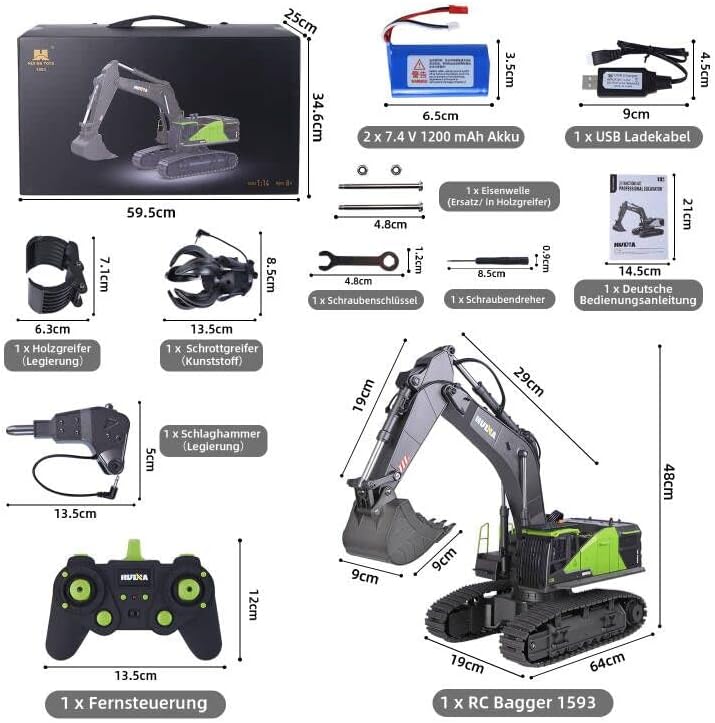 1:14 Excavadora Juguete Grande, 22 Canales Escavadoras Juguetes con todas las funciones, Excavadora Teledirigido RC +2 Baterías+3 Accesorios, Juguetes RC Pala, Gruas de Juguetes Niño 4 6 8 10 14+ Años