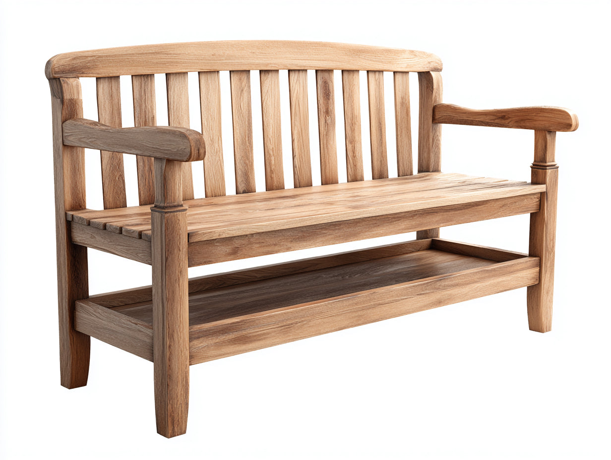 Banco de jardín madera maciza con reposabrazos y estante 150x60x90 cm - marrón - estilo natural exterior