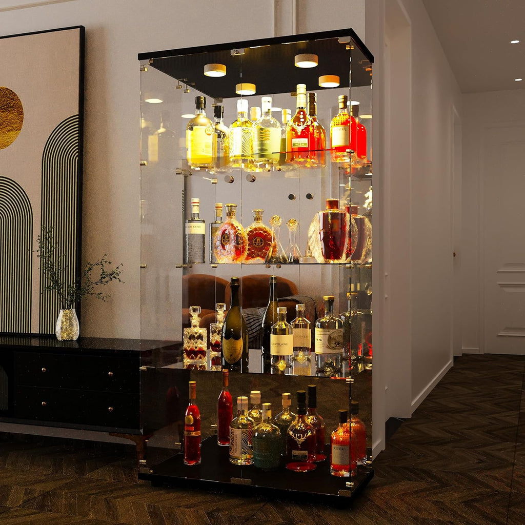 Vitrina Cristal Expositora con Luz, Puerta Cerradura, 4 estantes - Grande Vitrina de Colecciones,Vitrina de pie para Sala Oficina(Espalda Espejo)
